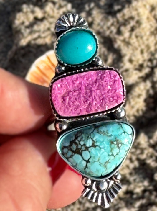 Bold Stacked Gemstone Ring – Cobalto Calcite Druzy, White Buffalo & Arizona Turquoise