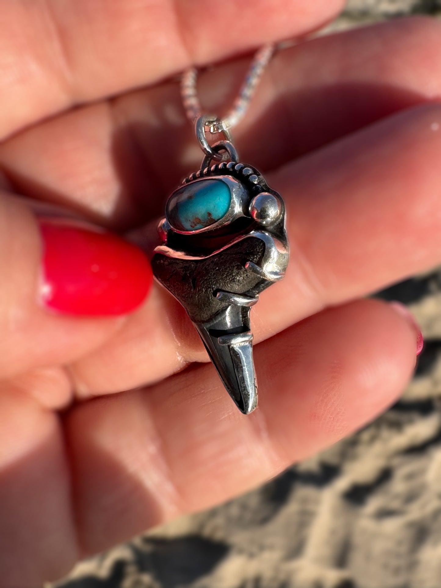 Fossil Shark Tooth & Bisbee Turquoise Necklace – Handcrafted Silver Pendant on 20” Box Chain