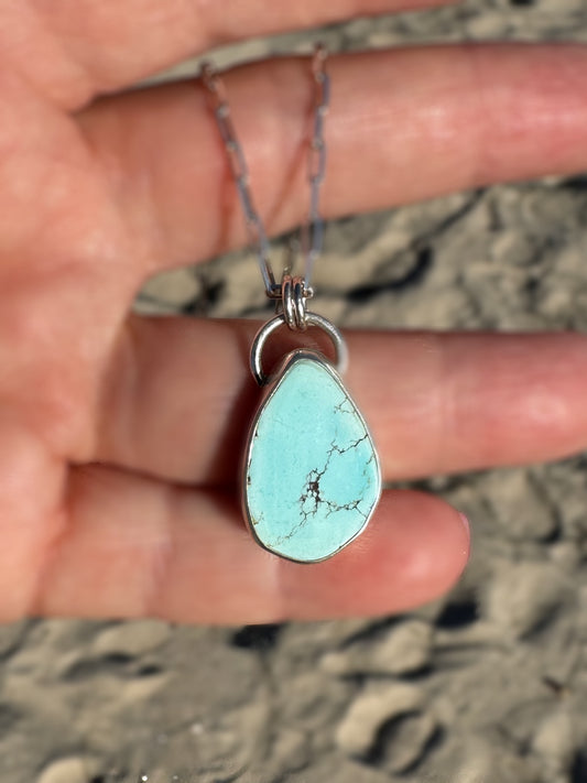 Golden Hills Turquoise Amulet – Fine & Sterling Silver on 18” Sterling Paperclip Chain