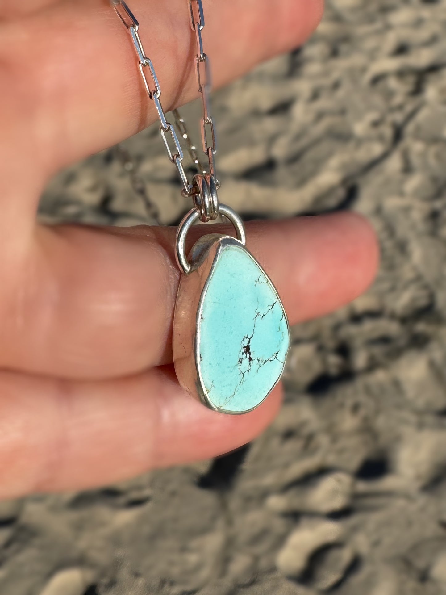 Golden Hills Turquoise Amulet – Fine & Sterling Silver on 18” Sterling Paperclip Chain