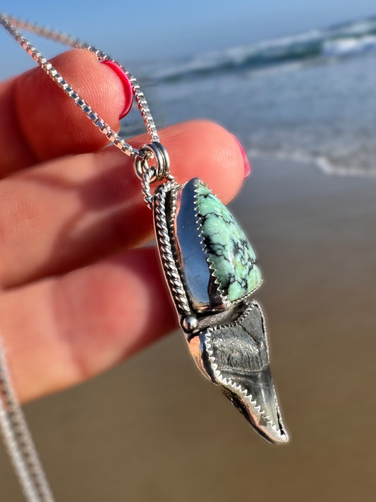 Turquoise & Shark Tooth | Ocean-Souled Talisman | Sterling + Fine Silver | 20” Box Chain