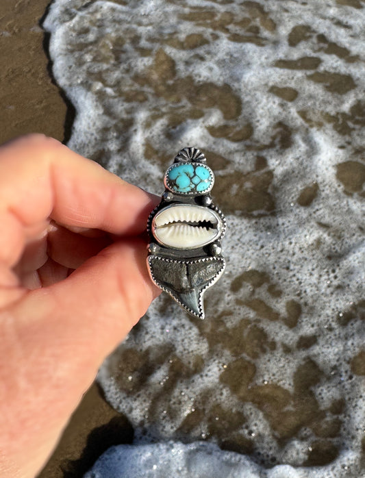 Original Shark Tooth, Rare Bisbee Turquoise & Cowrie Shell Statement Ring | Goddess Ring | Sterling Ring | Coastal Talisman | Size 7 3/4