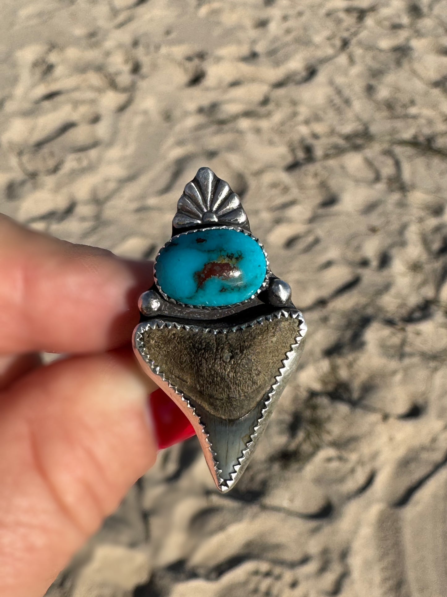 Original Shark Tooth & rare Bisbee Turquoise Statement Ring | Ocean Goddess Ring | Sterling Silver Ring | Coastal Jewelry | Size 6.5