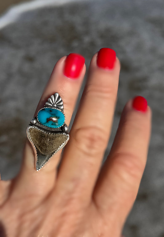 Original Shark Tooth & rare Bisbee Turquoise Statement Ring | Ocean Goddess Ring | Sterling Silver Ring | Coastal Jewelry | Size 6.5