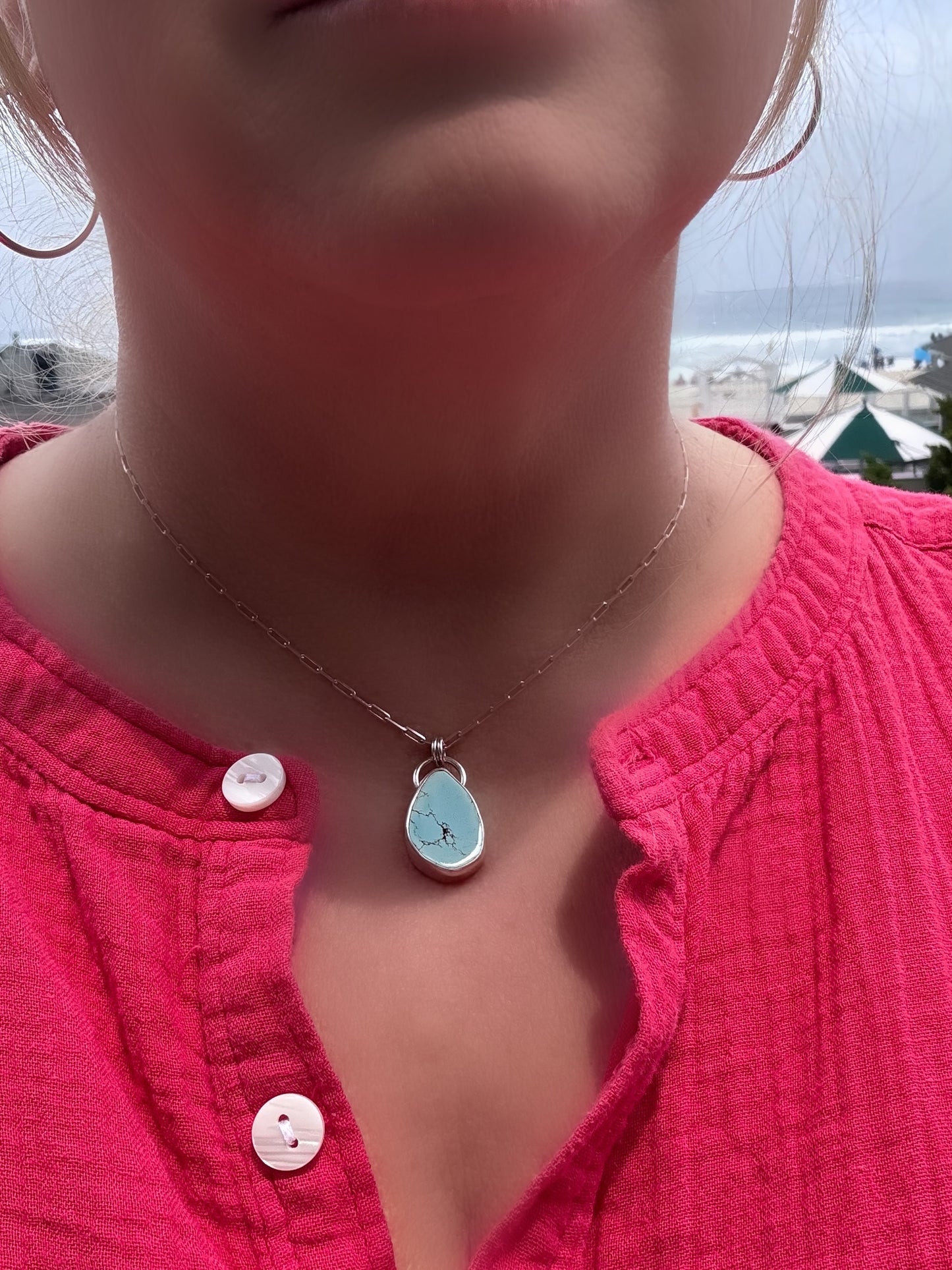 Golden Hills Turquoise Amulet – Fine & Sterling Silver on 18” Sterling Paperclip Chain