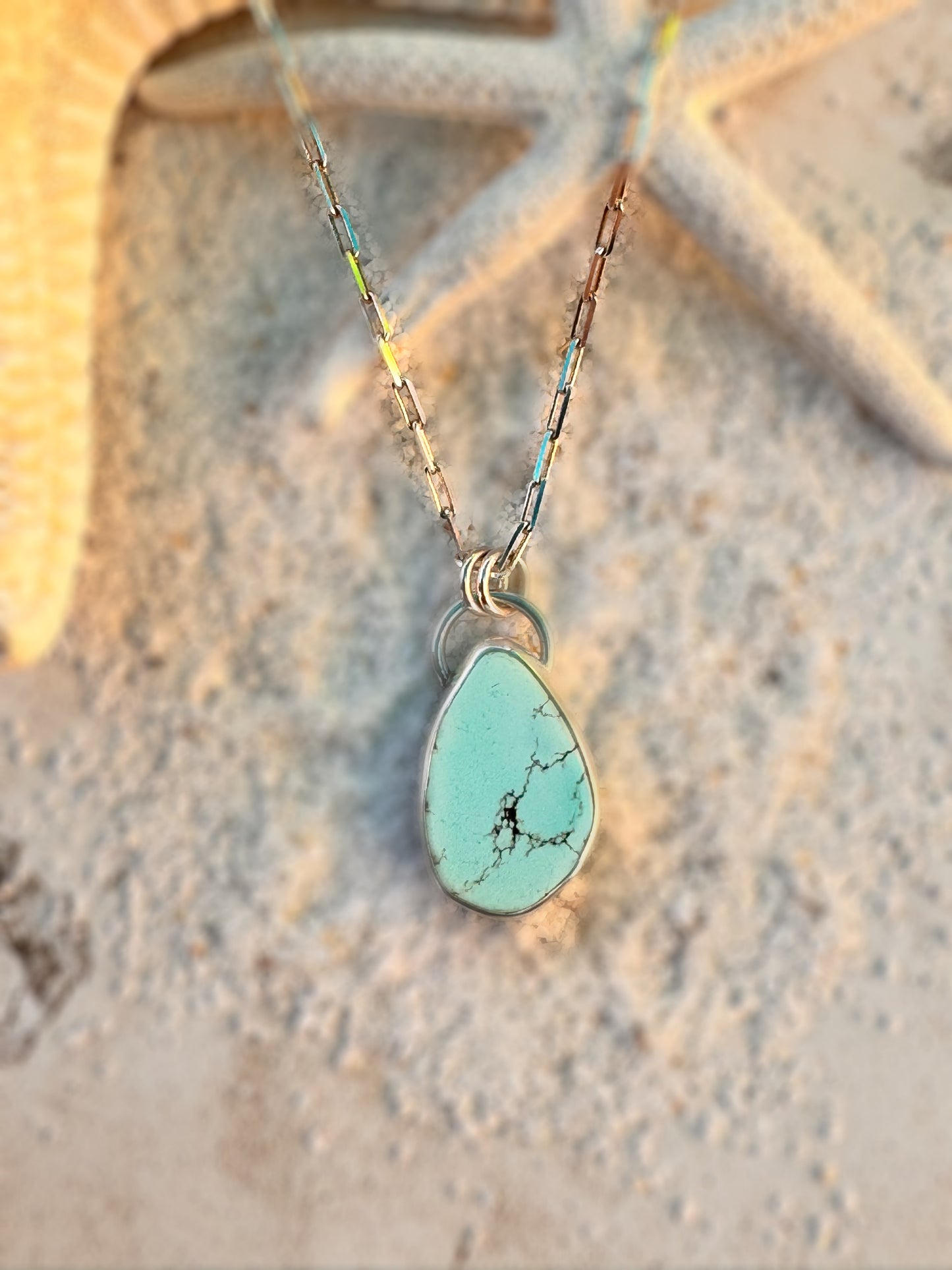 Golden Hills Turquoise Amulet – Fine & Sterling Silver on 18” Sterling Paperclip Chain
