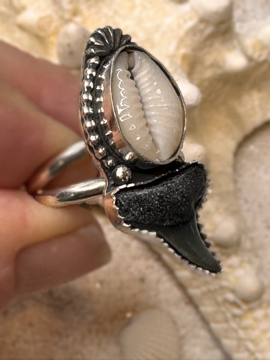 Ring with shell and shark tooth design held against a textured background