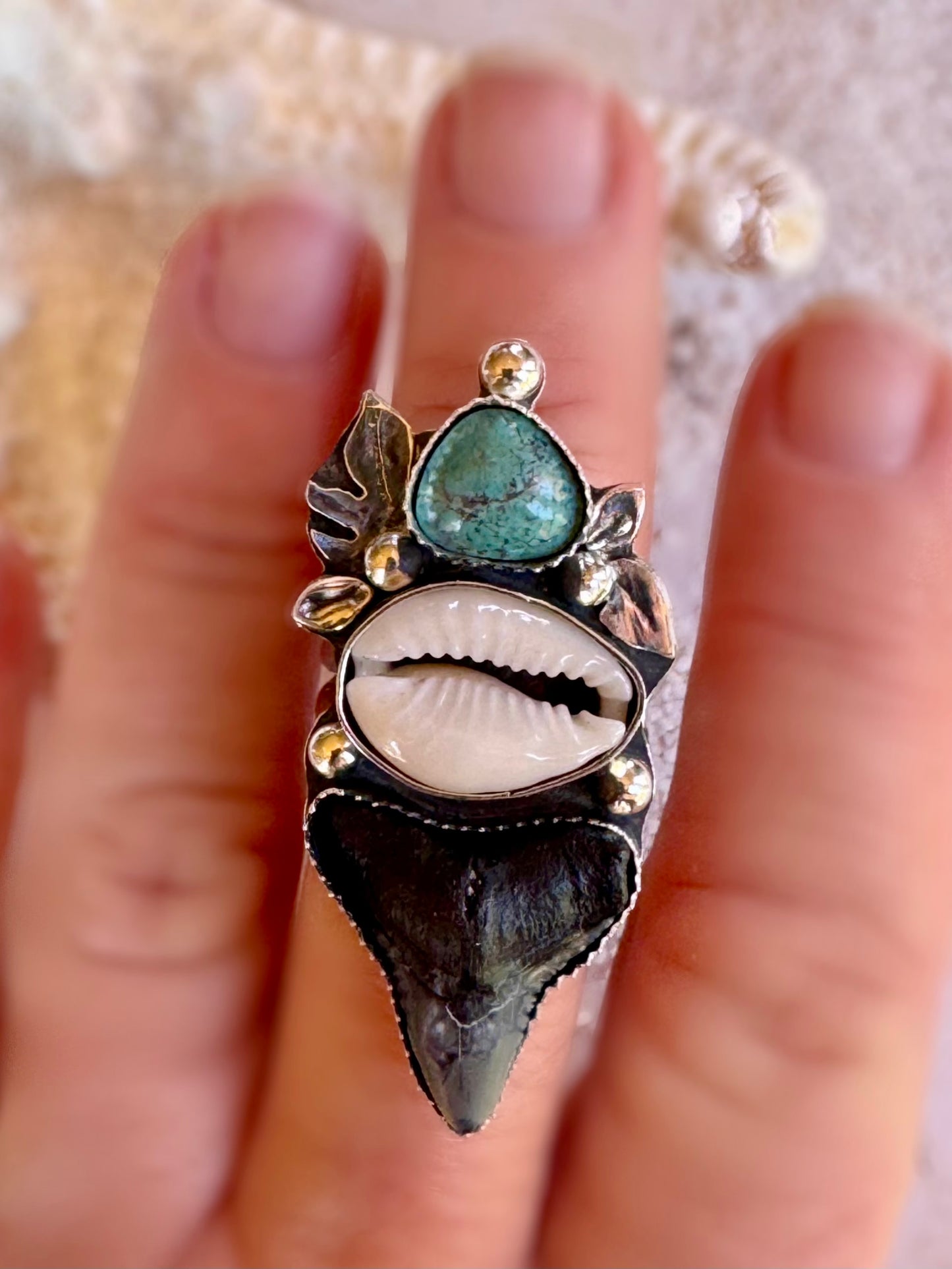 Sirenmark Ring | Fossil Shark Tooth + Fox Turquoise & Cowrie | Hand-Sawn Tropical Foliage | Custom Sized Statement Ring | Sterling Silver