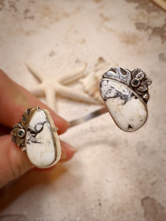 Low Tide Bloom – White Buffalo & Montana Sapphire Botanical Cuff | Salt + Siren Signature | Sterling Silver Tropical-Inspired Jewelry | Ready to Ship
