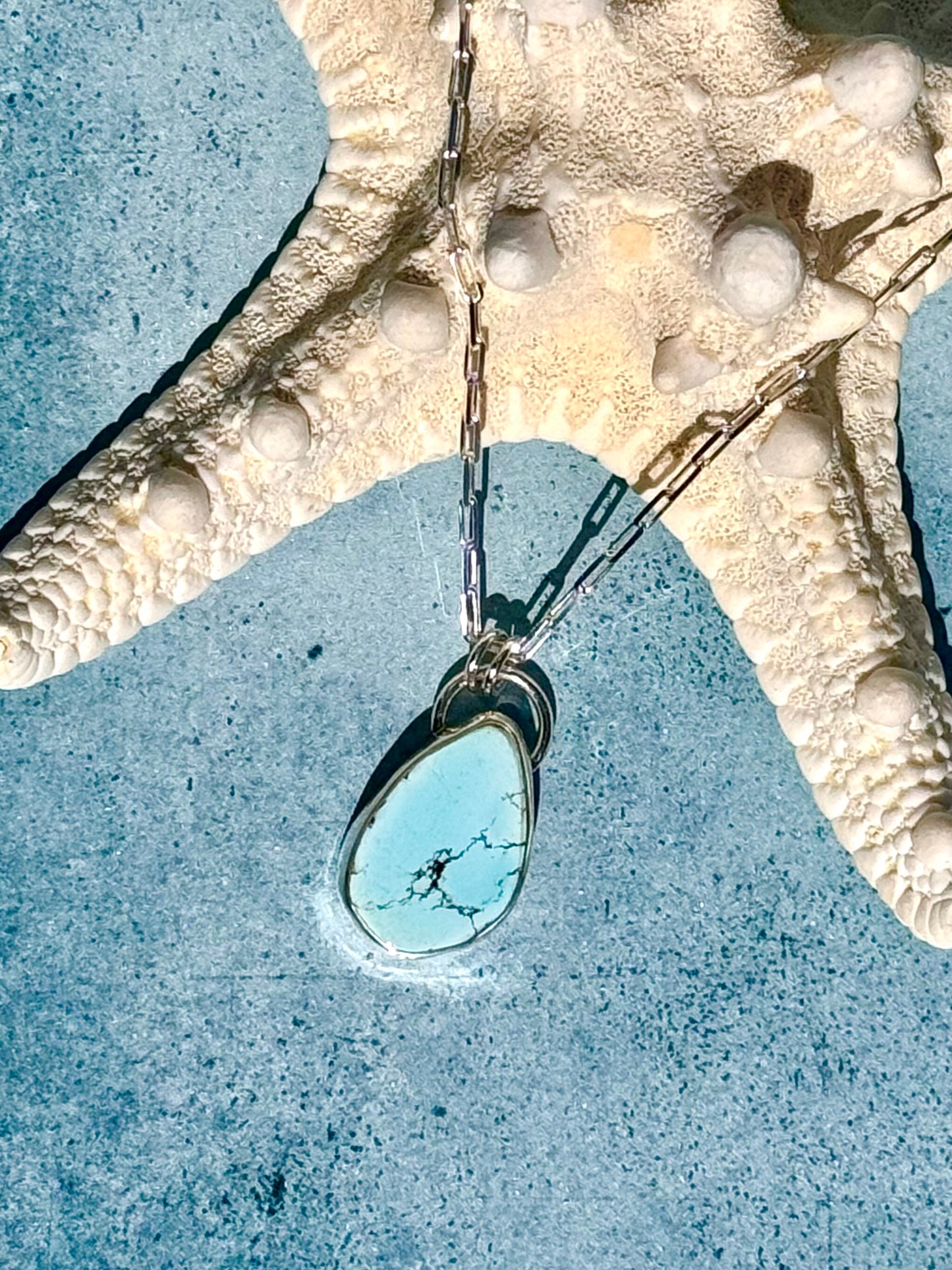 Golden Hills Turquoise Amulet – Fine & Sterling Silver on 18” Sterling Paperclip Chain