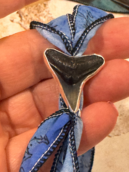 Fossil Shark Tooth Silk Wrap Bracelet | Fine Silver | Tide Relic Jewelry | Ocean Inspired