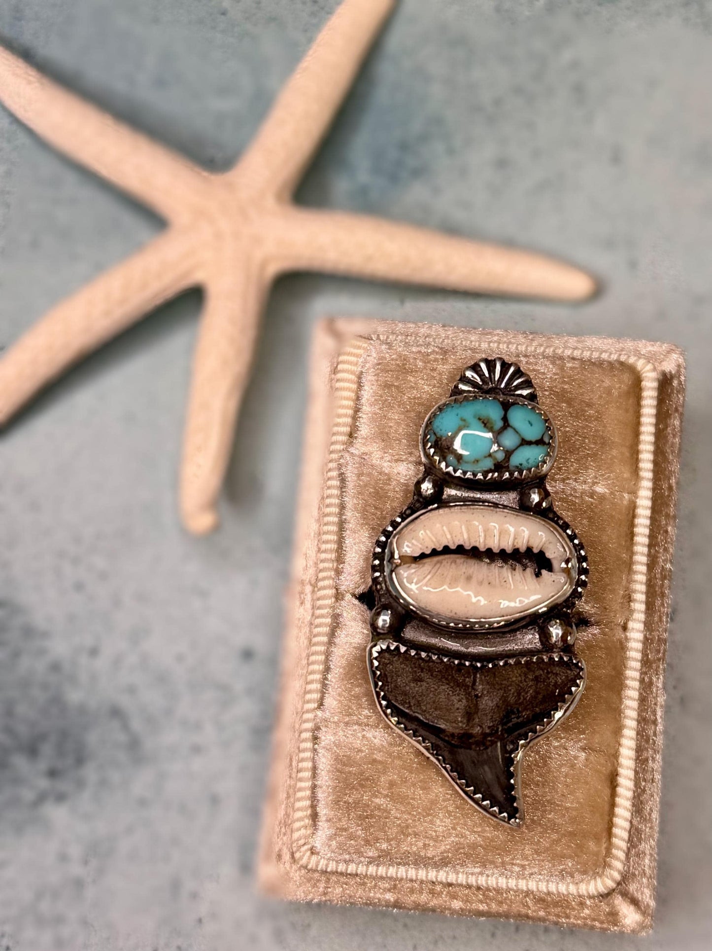 Original Shark Tooth, Rare Bisbee Turquoise & Cowrie Shell Statement Ring | Goddess Ring | Sterling Ring | Coastal Talisman | Size 7 3/4
