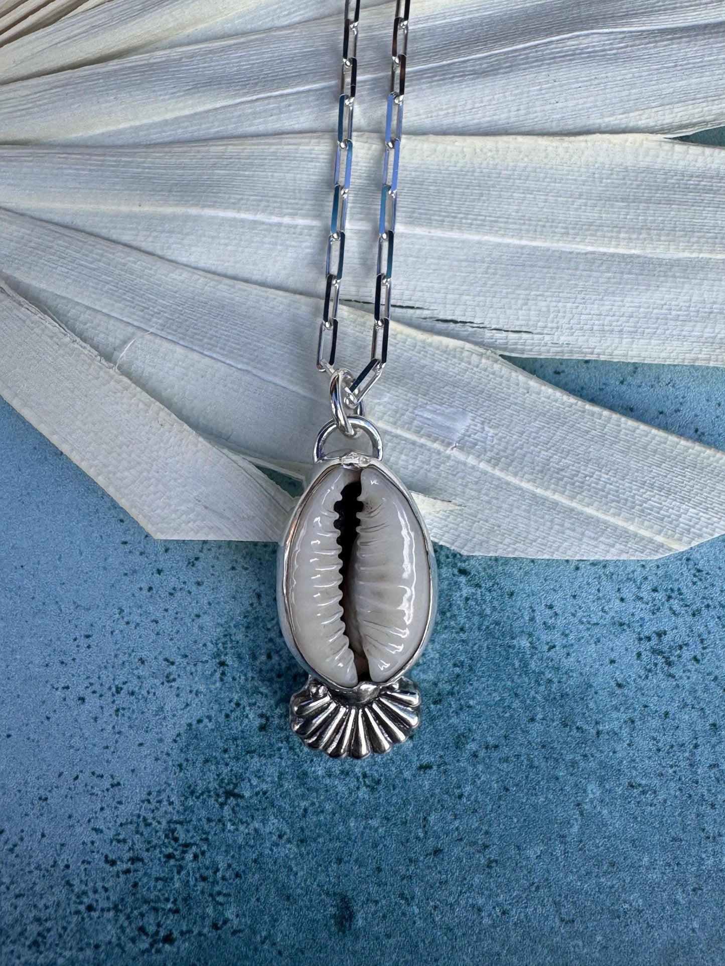 Cowrie Shell Handmade Sterling Pendant with Silver Sun Accent | 18” Sterling Paperclip Chain