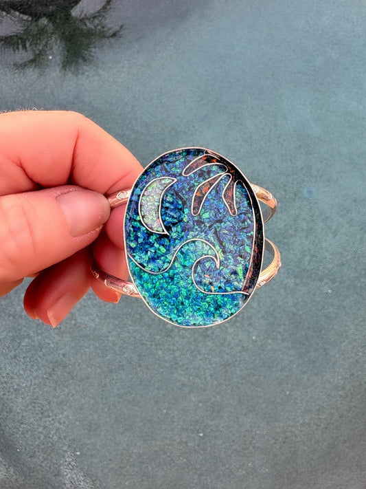 Ocean Inspired Statement, Waves Cuff, Coastal Style, Beach Inspired, Coastal Chic, Boho, Crushed Opal Jewelry, Moon Bracelet, Sterling
