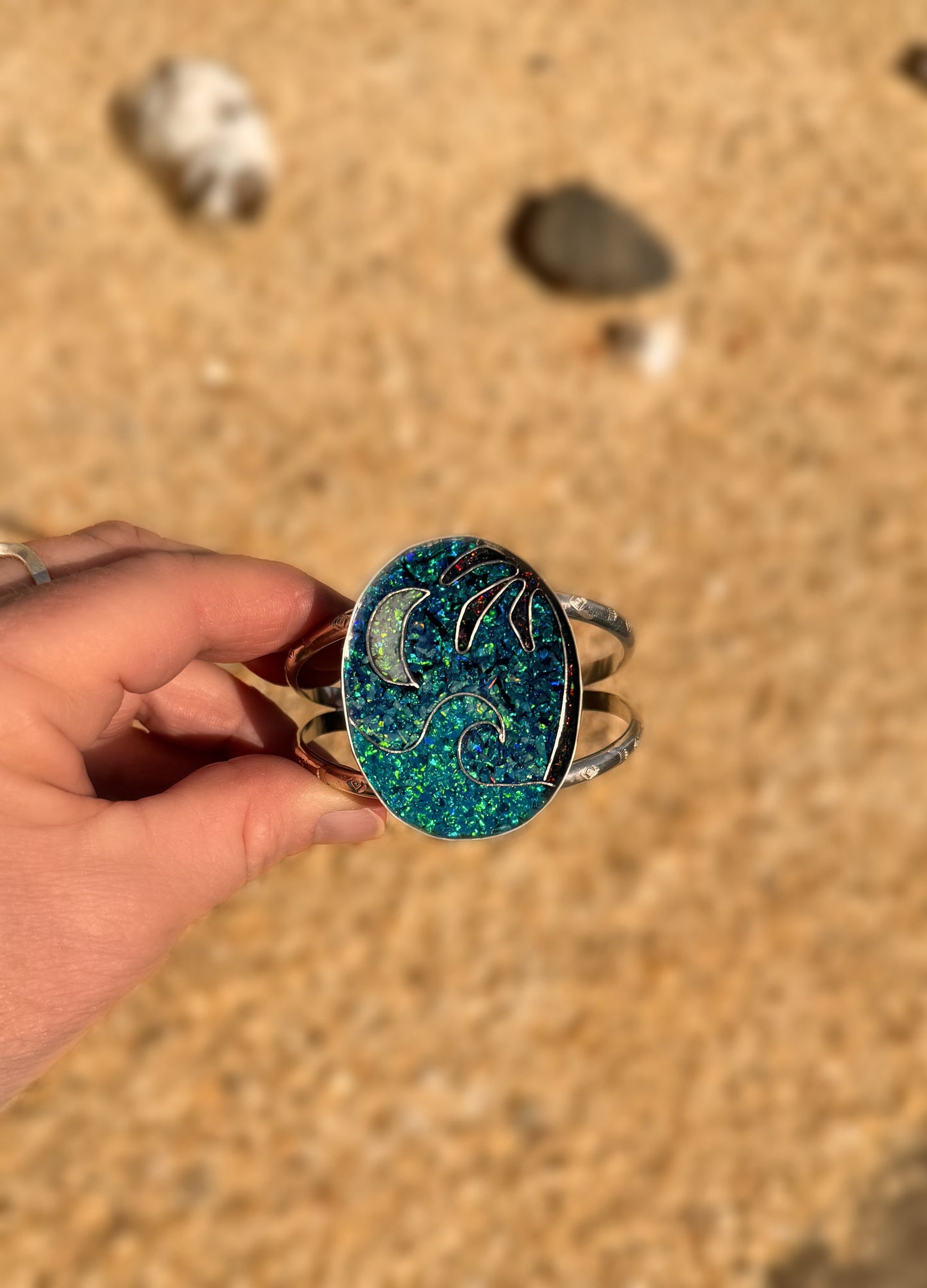 Ocean Inspired Statement, Waves Cuff, Coastal Style, Beach Inspired, Coastal Chic, Boho, Crushed Opal Jewelry, Moon Bracelet, Sterling
