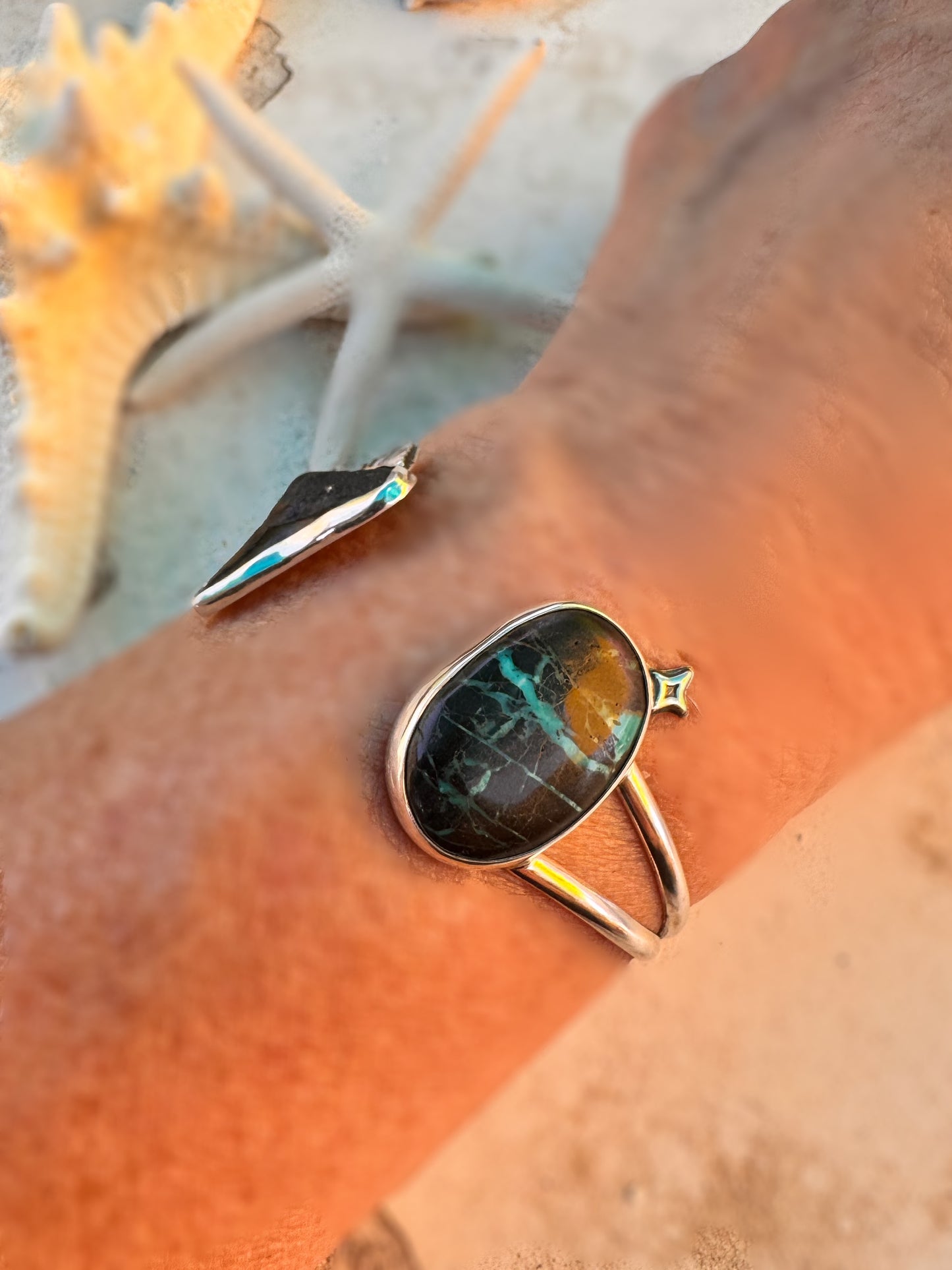 Salt + Siren Cuff | Shark Tooth & Sierra Nevada Turquoise Statement Bracelet | Sterling Silver Ocean-Inspired Jewelry - Sun Salt Silver