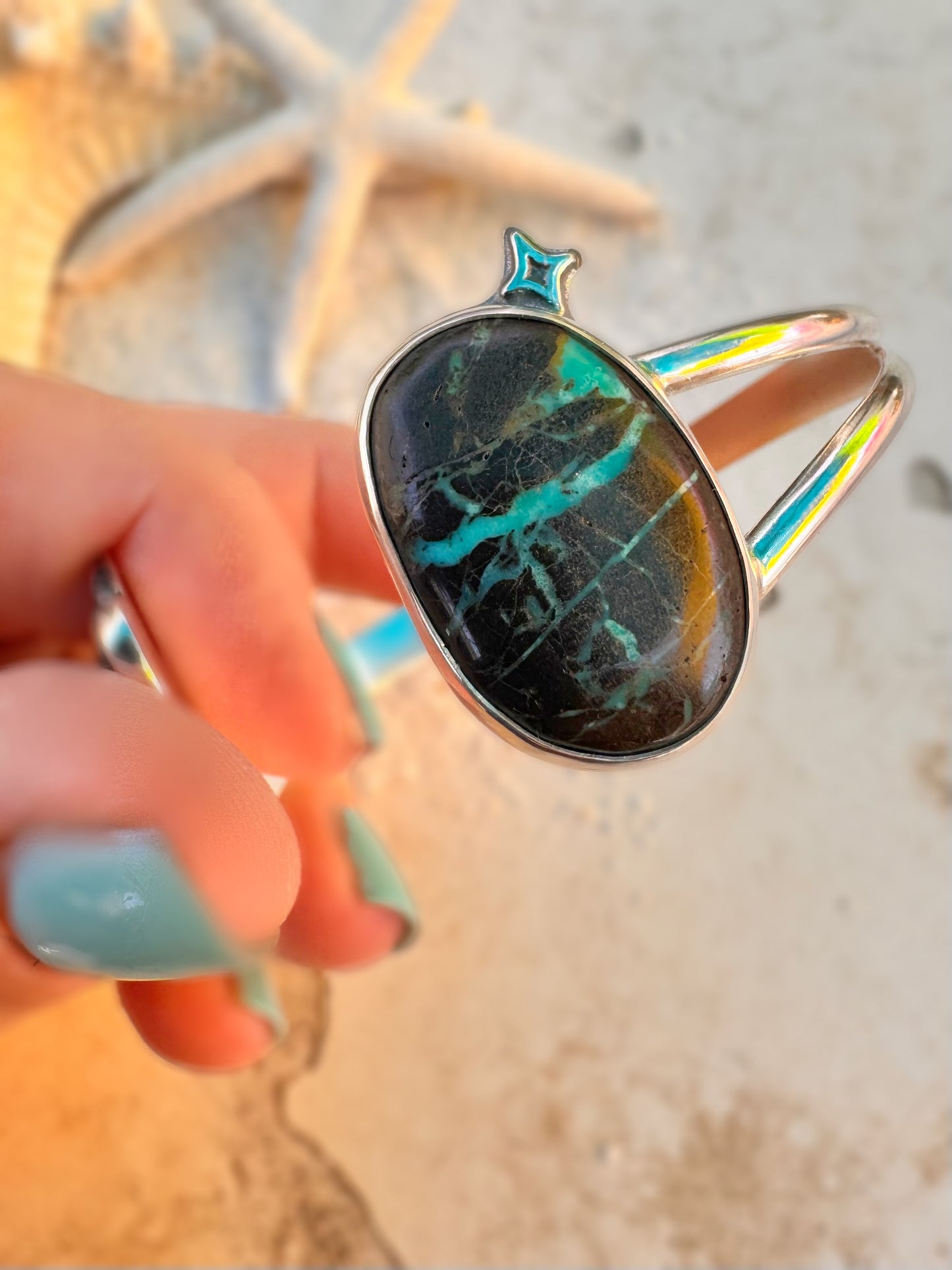 Salt + Siren Cuff | Shark Tooth & Sierra Nevada Turquoise Statement Bracelet | Sterling Silver Ocean-Inspired Jewelry - Sun Salt Silver