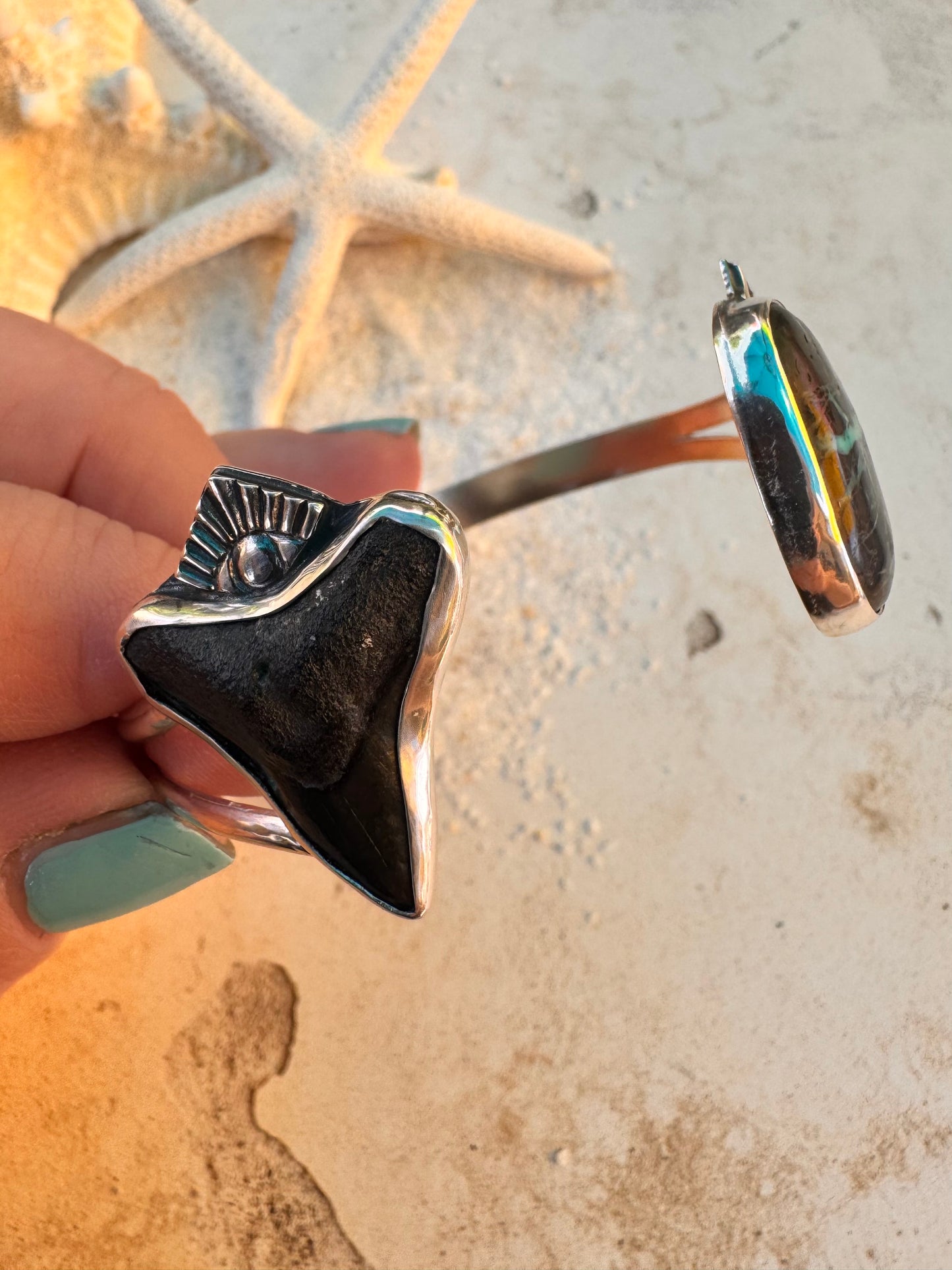 Salt + Siren Cuff | Shark Tooth & Sierra Nevada Turquoise Statement Bracelet | Sterling Silver Ocean-Inspired Jewelry - Sun Salt Silver