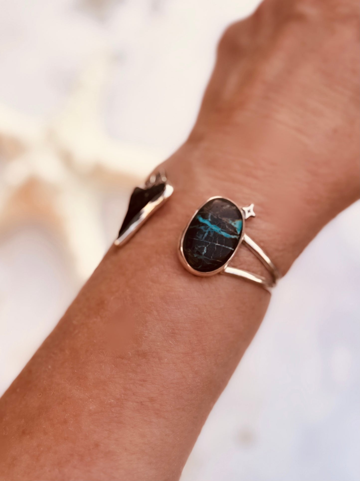 Salt + Siren Cuff | Shark Tooth & Sierra Nevada Turquoise Statement Bracelet | Sterling Silver Ocean-Inspired Jewelry - Sun Salt Silver