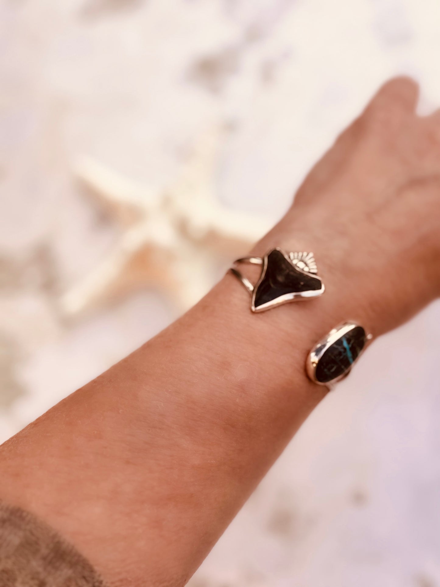 Salt + Siren Cuff | Shark Tooth & Sierra Nevada Turquoise Statement Bracelet | Sterling Silver Ocean-Inspired Jewelry - Sun Salt Silver