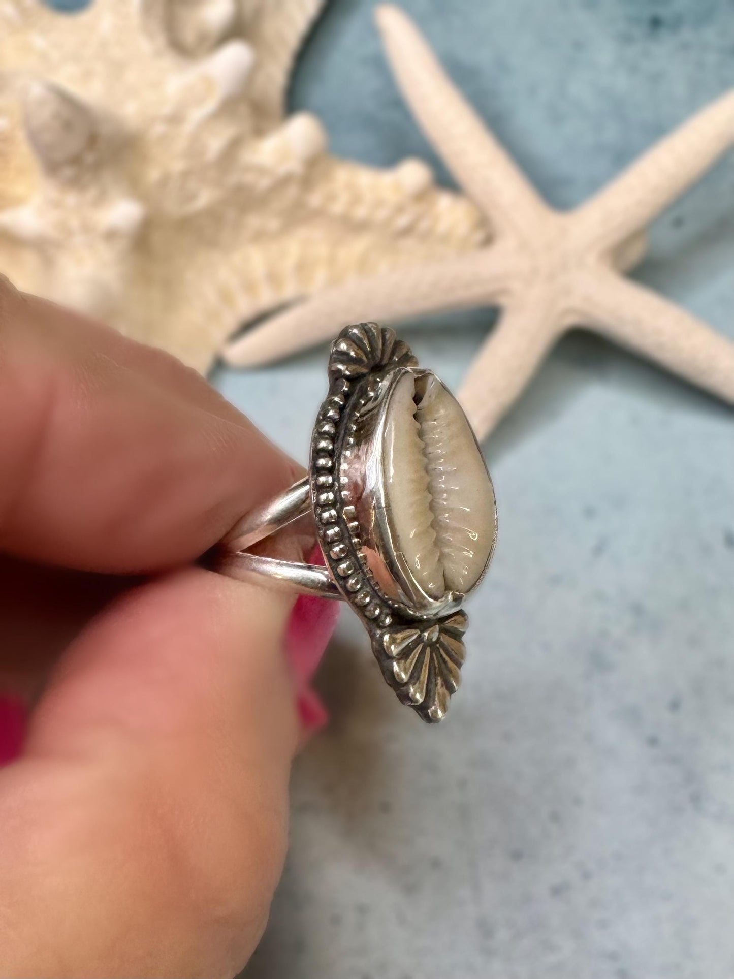 Cowrie Shell Statement Ring | Sterling Silver | Coastal Talisman Jewelry | Size 5.25 OOAK Ring | Ocean Goddess Ring