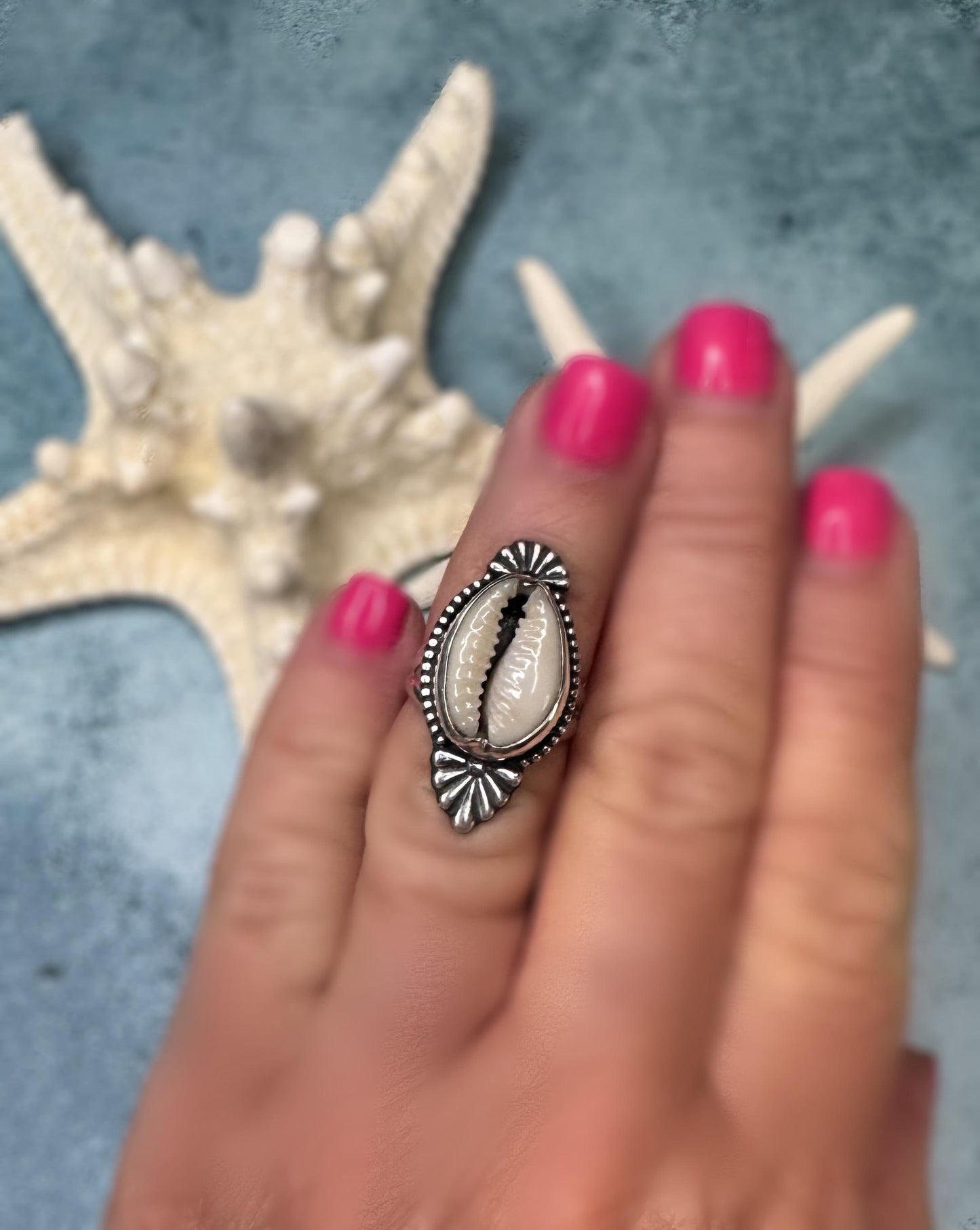 Cowrie Shell Statement Ring | Sterling Silver | Coastal Talisman Jewelry | Size 5.25 OOAK Ring | Ocean Goddess Ring