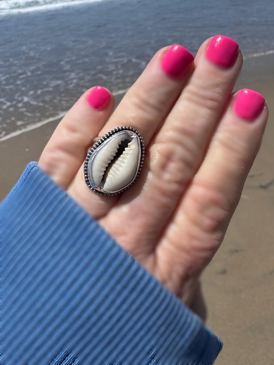 Cowrie Shell Statement Ring | Sterling Silver | Coastal Talisman Jewelry | Size 6 OOAK Ring | Ocean Goddess Ring
