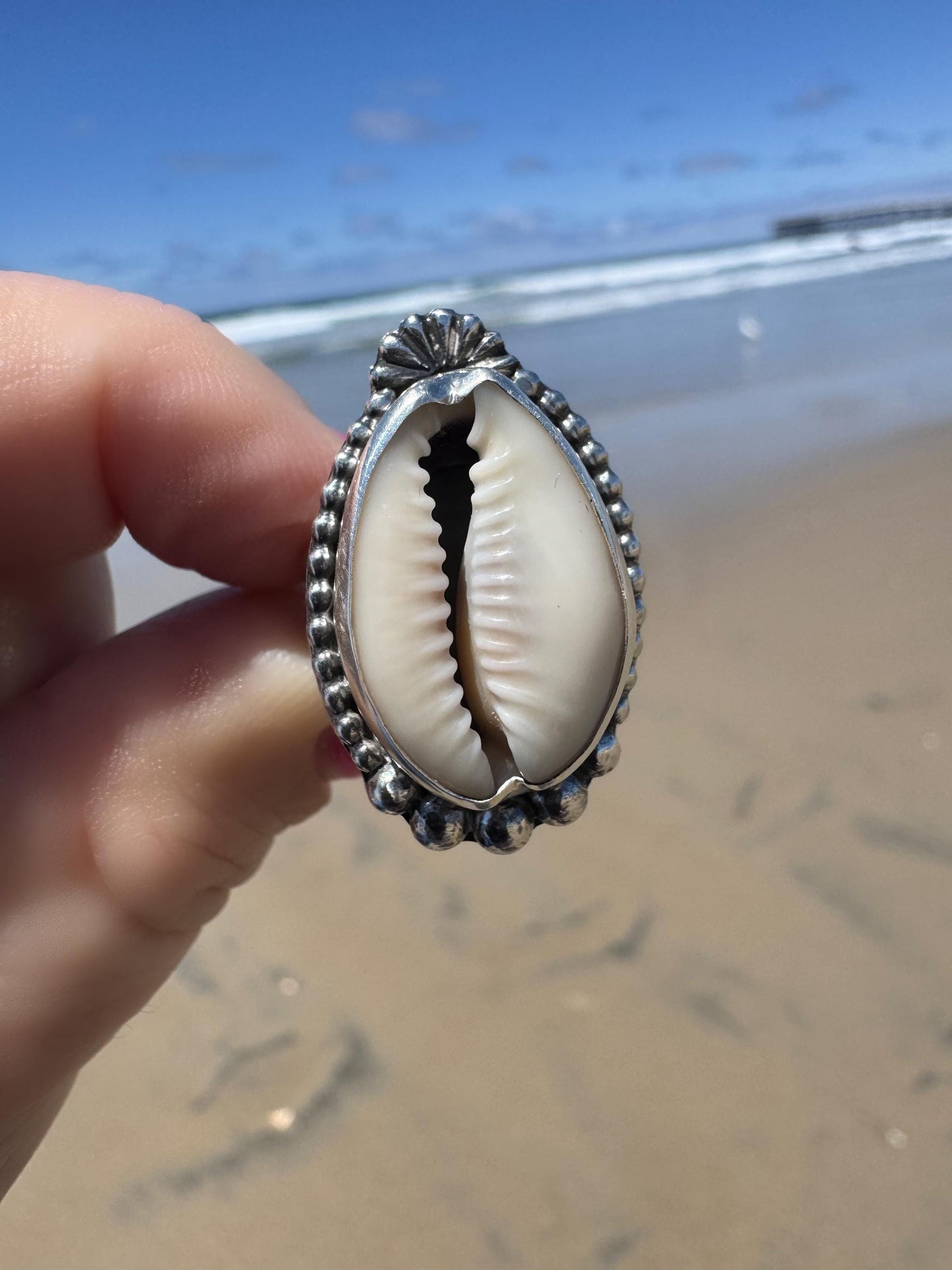 Cowrie Shell Statement Ring | Sterling Silver | Coastal Talisman Jewelry | Size 7 OOAK Ring | Ocean Goddess Ring