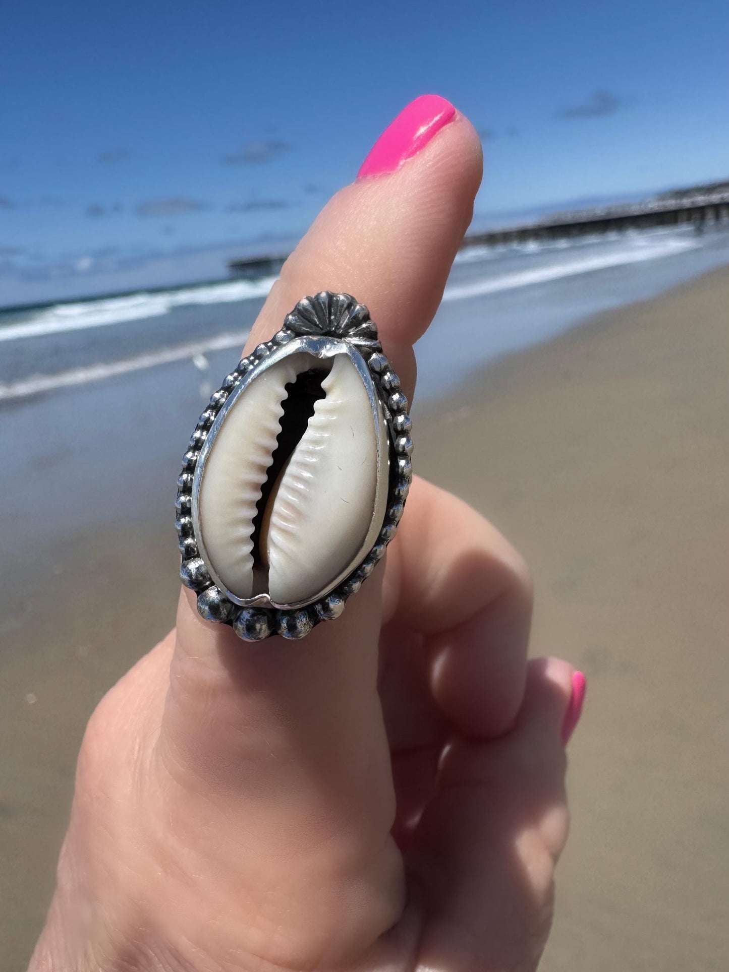 Cowrie Shell Statement Ring | Sterling Silver | Coastal Talisman Jewelry | Size 7 OOAK Ring | Ocean Goddess Ring