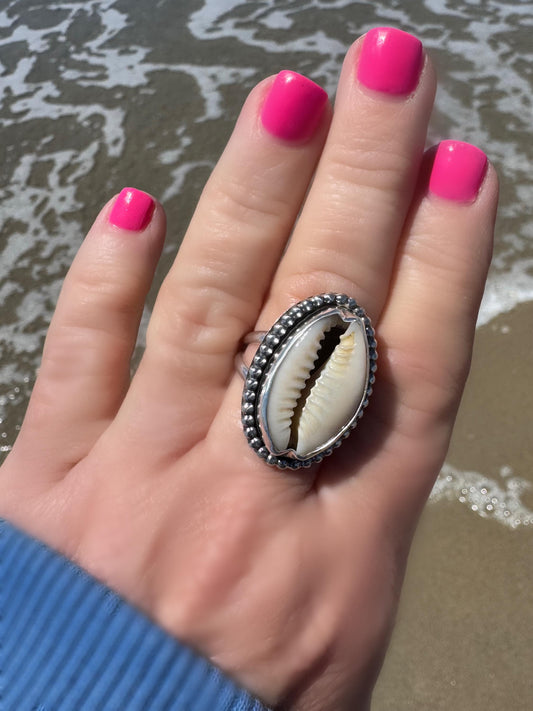 Cowrie Shell Statement Ring | Sterling Silver | Coastal Talisman Jewelry | Size 8 OOAK Ring | Ocean Goddess Ring