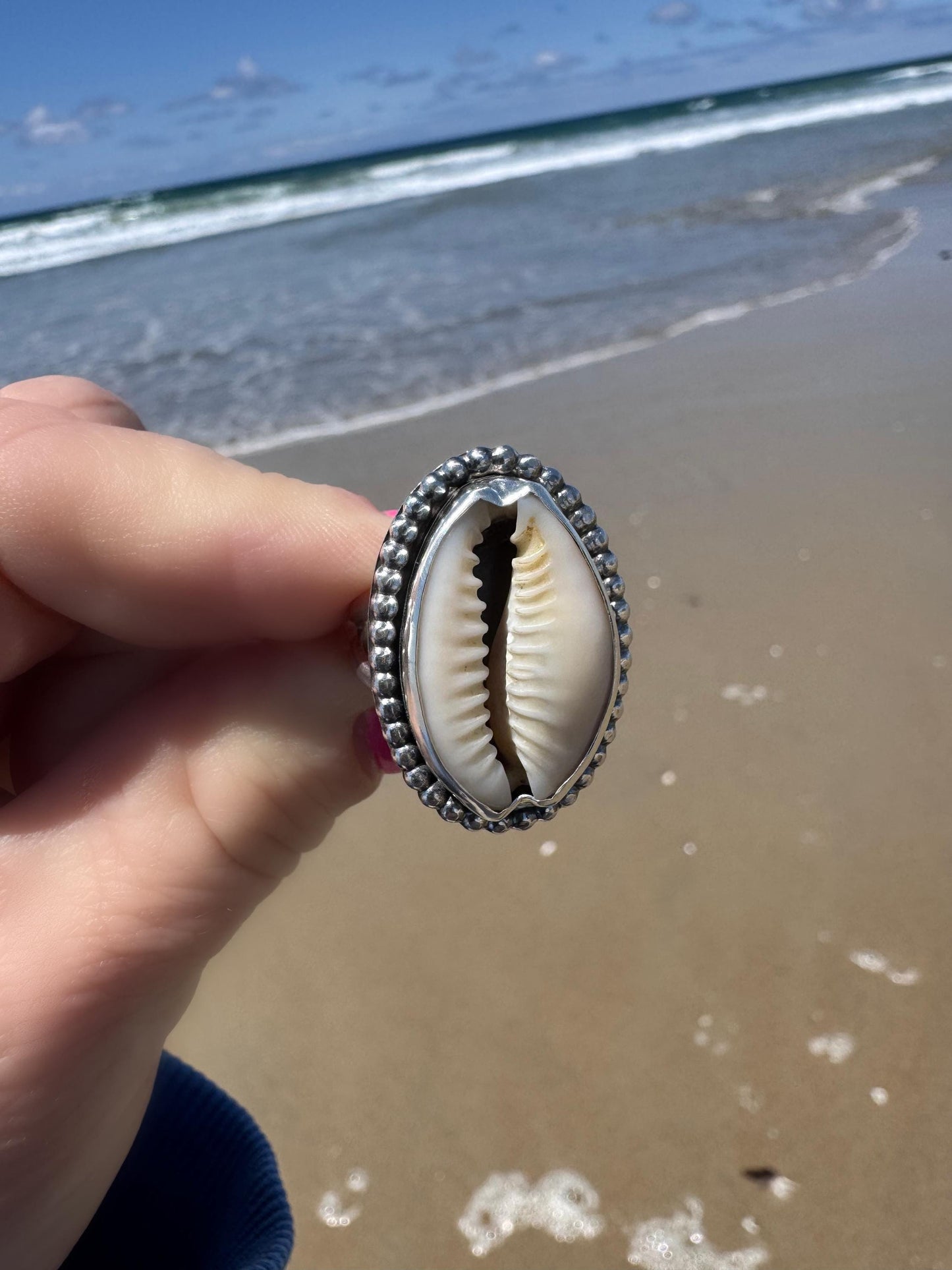 Cowrie Shell Statement Ring | Sterling Silver | Coastal Talisman Jewelry | Size 8 OOAK Ring | Ocean Goddess Ring