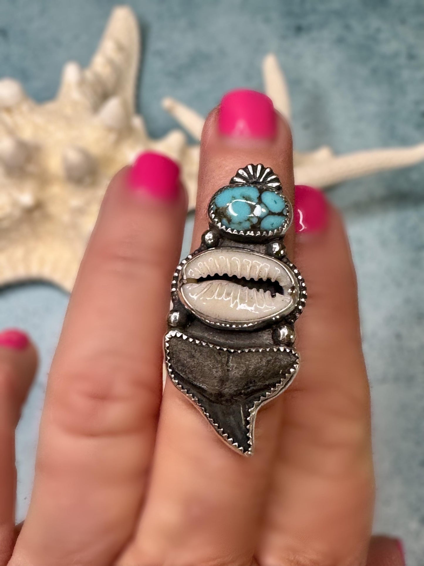 Original Shark Tooth, Rare Bisbee Turquoise & Cowrie Shell Statement Ring | Goddess Ring | Sterling Ring | Coastal Talisman | Size 7 3/4