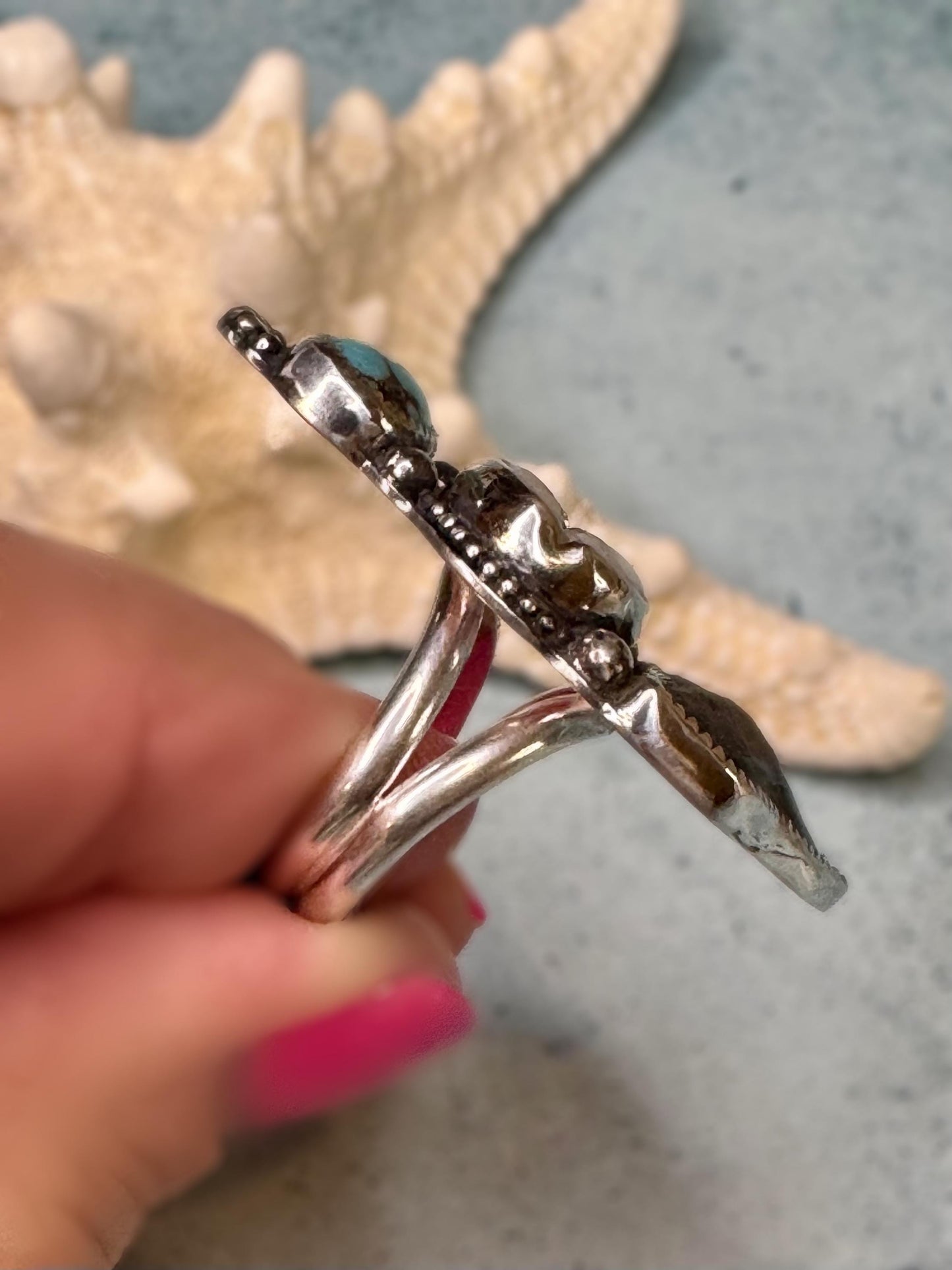 Original Shark Tooth, Rare Bisbee Turquoise & Cowrie Shell Statement Ring | Goddess Ring | Sterling Ring | Coastal Talisman | Size 7 3/4