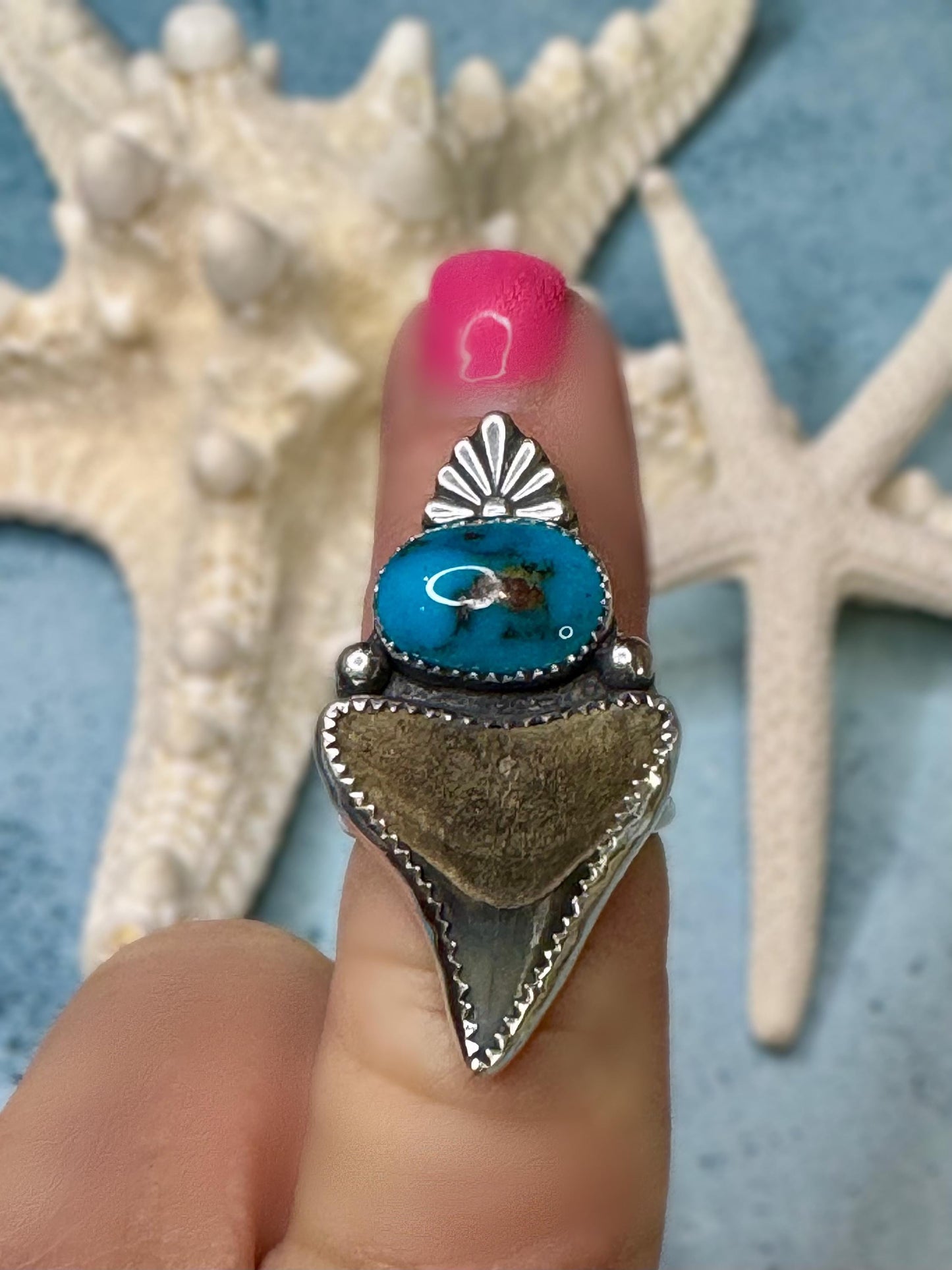 Original Shark Tooth & rare Bisbee Turquoise Statement Ring | Ocean Goddess Ring | Sterling Silver Ring | Coastal Jewelry | Size 6.5