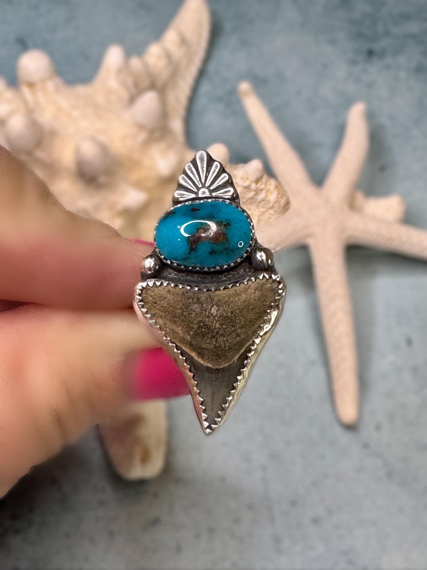 Original Shark Tooth & rare Bisbee Turquoise Statement Ring | Ocean Goddess Ring | Sterling Silver Ring | Coastal Jewelry | Size 6.5