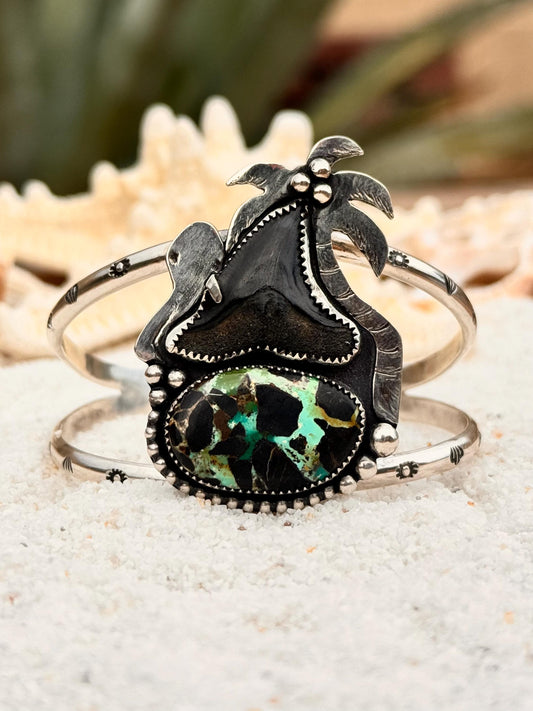 Turquoise & Shark Tooth Statement Cuff, Silver Bracelet, Fossil, Beach Inspired, Coastal Chic, Surfer, Octopus, Ocean Inspired, Palm Tree