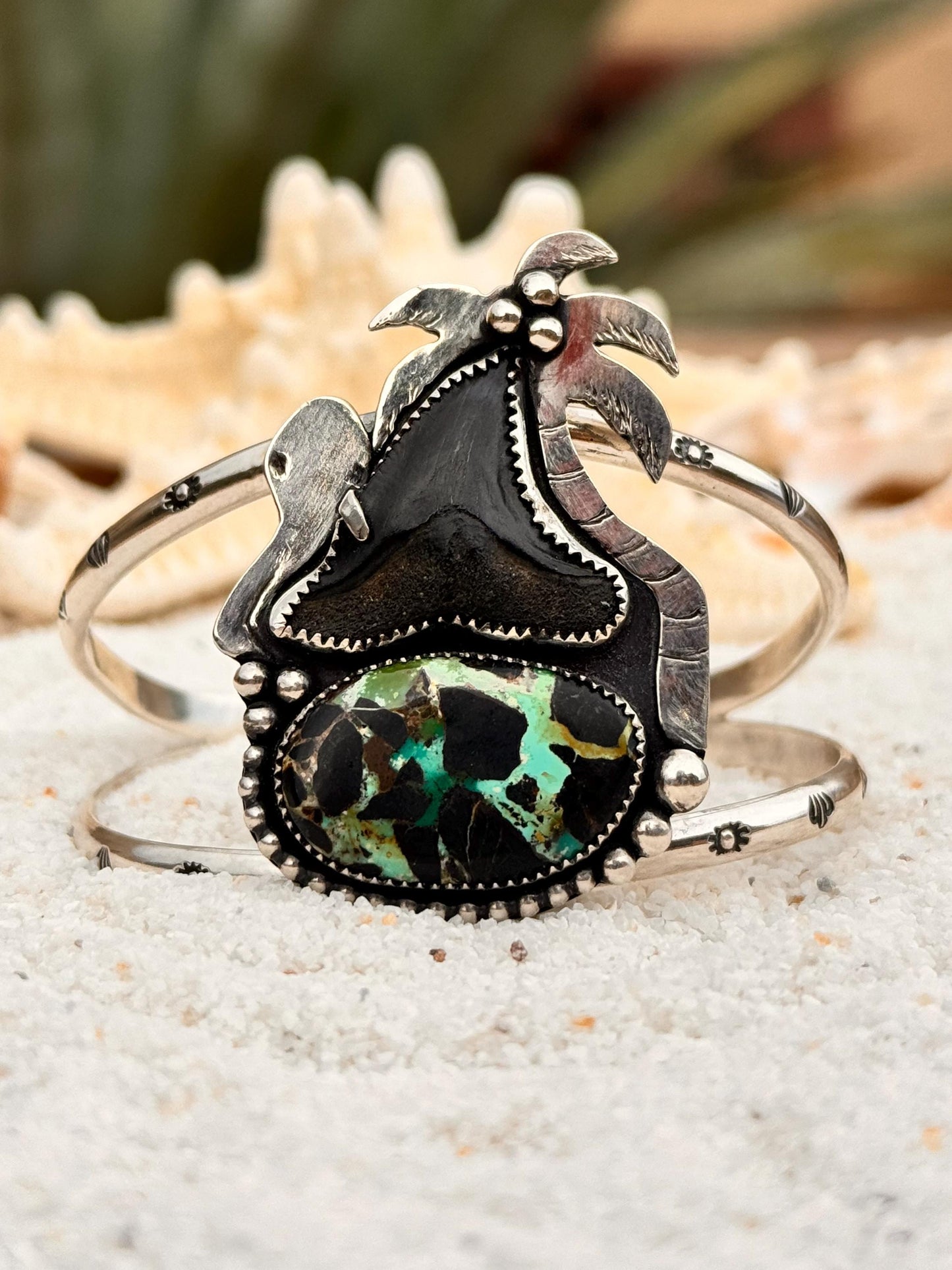 Turquoise & Shark Tooth Statement Cuff, Silver Bracelet, Fossil, Beach Inspired, Coastal Chic, Surfer, Octopus, Ocean Inspired, Palm Tree