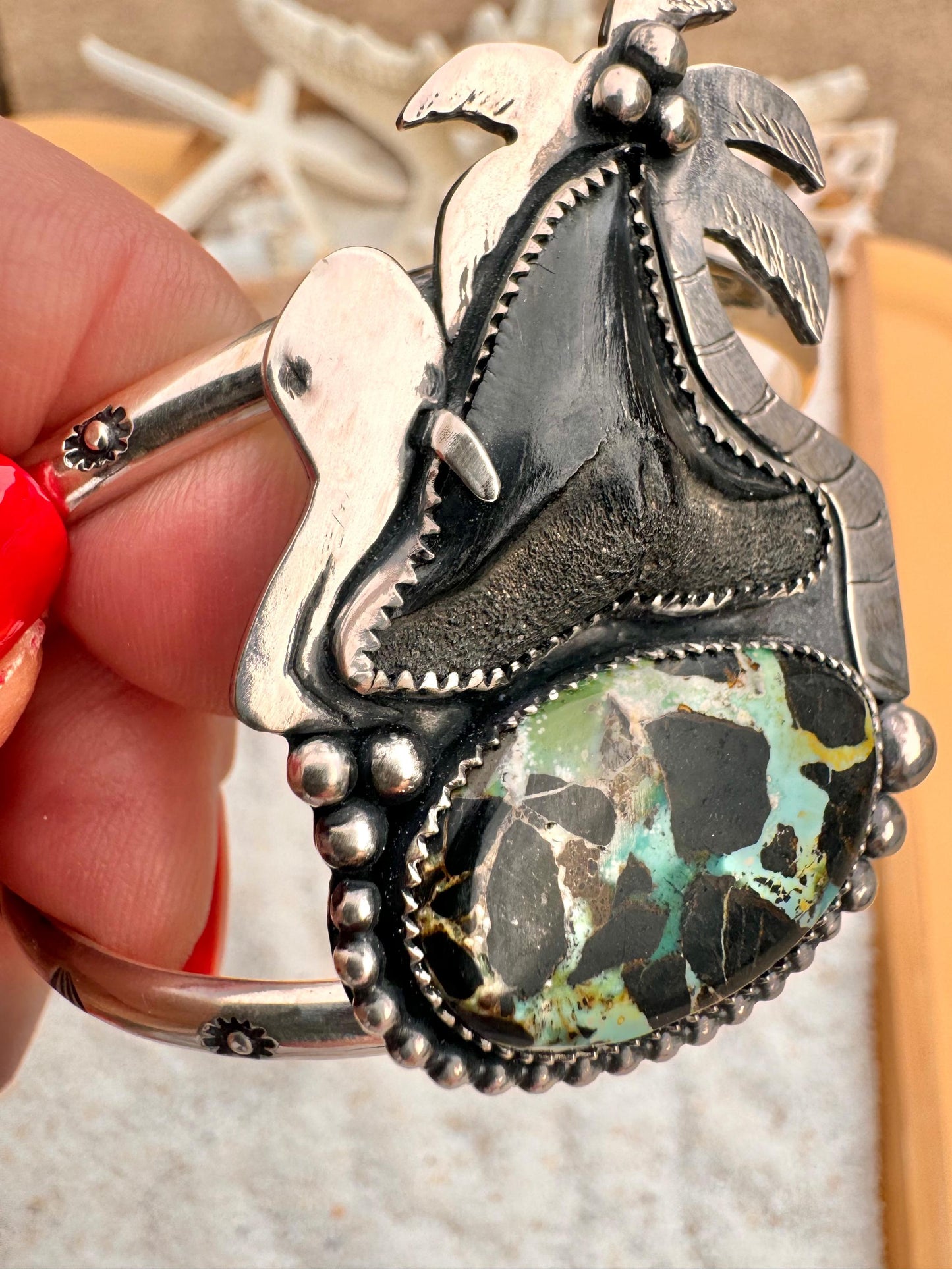 Turquoise & Shark Tooth Statement Cuff, Silver Bracelet, Fossil, Beach Inspired, Coastal Chic, Surfer, Octopus, Ocean Inspired, Palm Tree