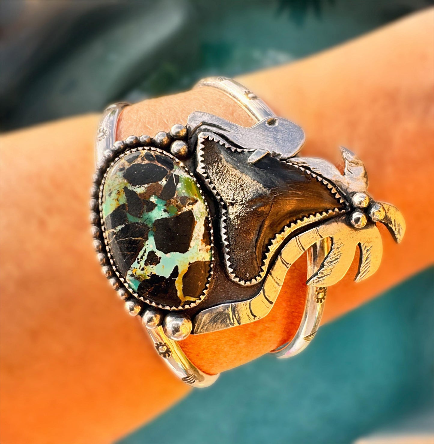 Turquoise & Shark Tooth Statement Cuff, Silver Bracelet, Fossil, Beach Inspired, Coastal Chic, Surfer, Octopus, Ocean Inspired, Palm Tree