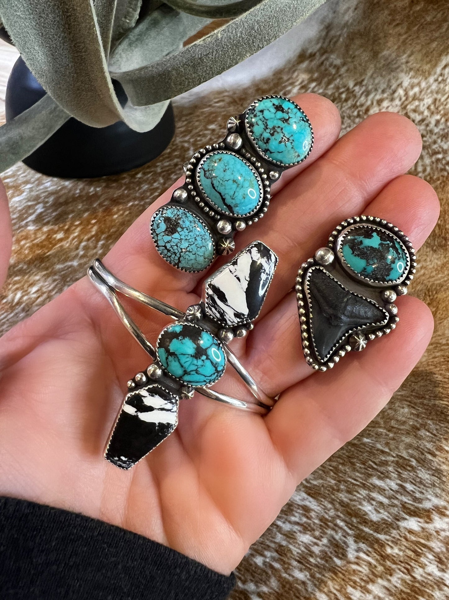 Turquoise, white buffalo and sterling silver statement cuff.