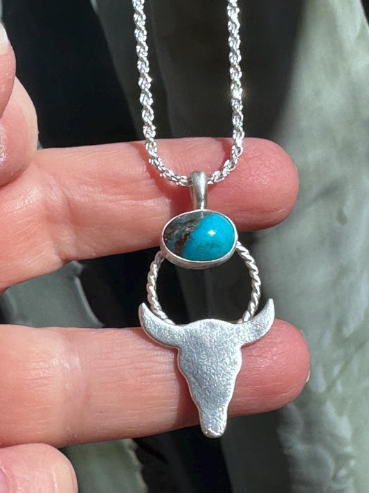 Bisbee Turquoise Steer Skull Pendant | Fine Silver Necklace with Organic Finish | Handmade Western Boho Jewelry | One-of-a-Kind