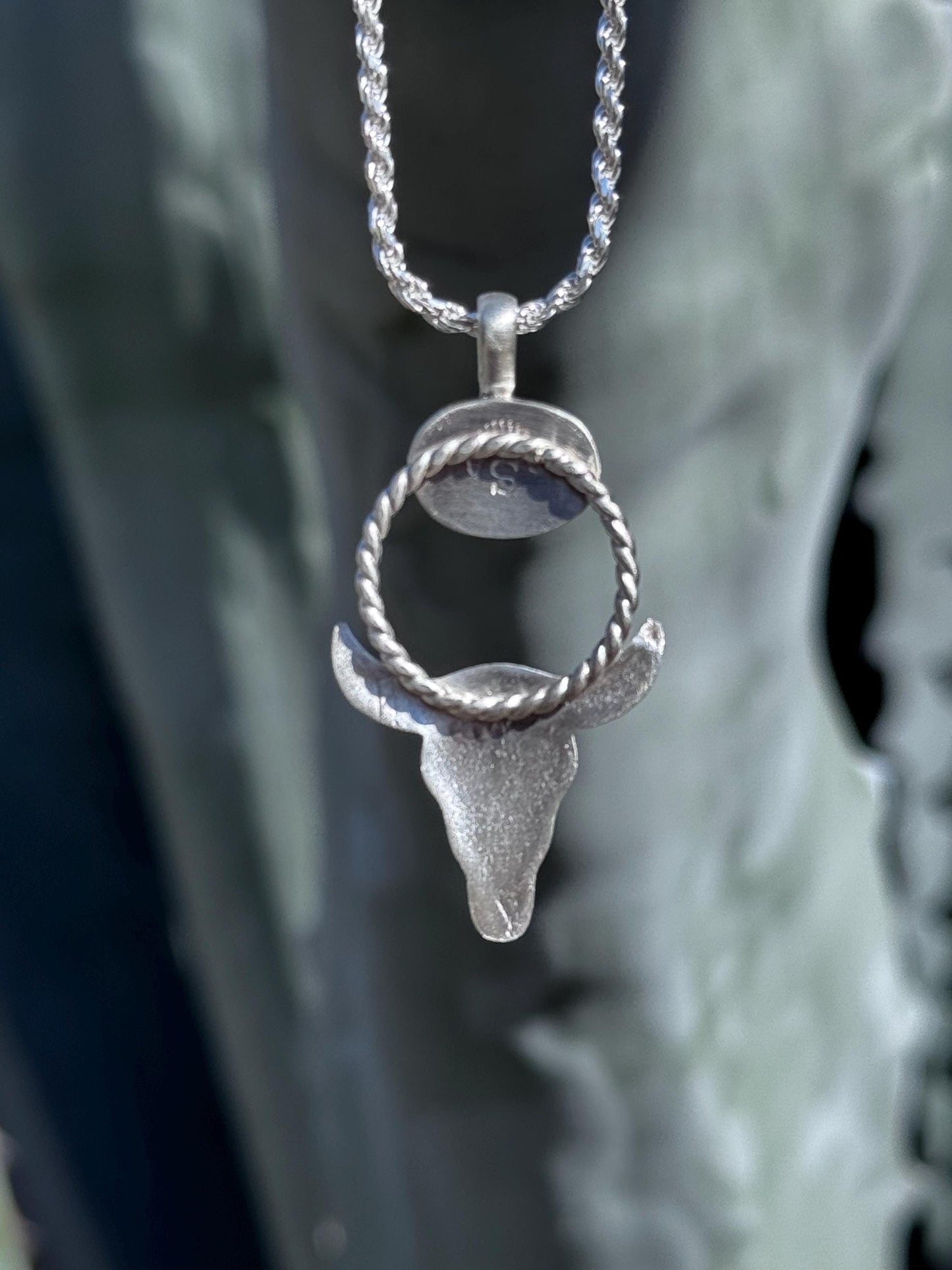 Bisbee Turquoise Steer Skull Pendant | Fine Silver Necklace with Organic Finish | Handmade Western Boho Jewelry | One-of-a-Kind