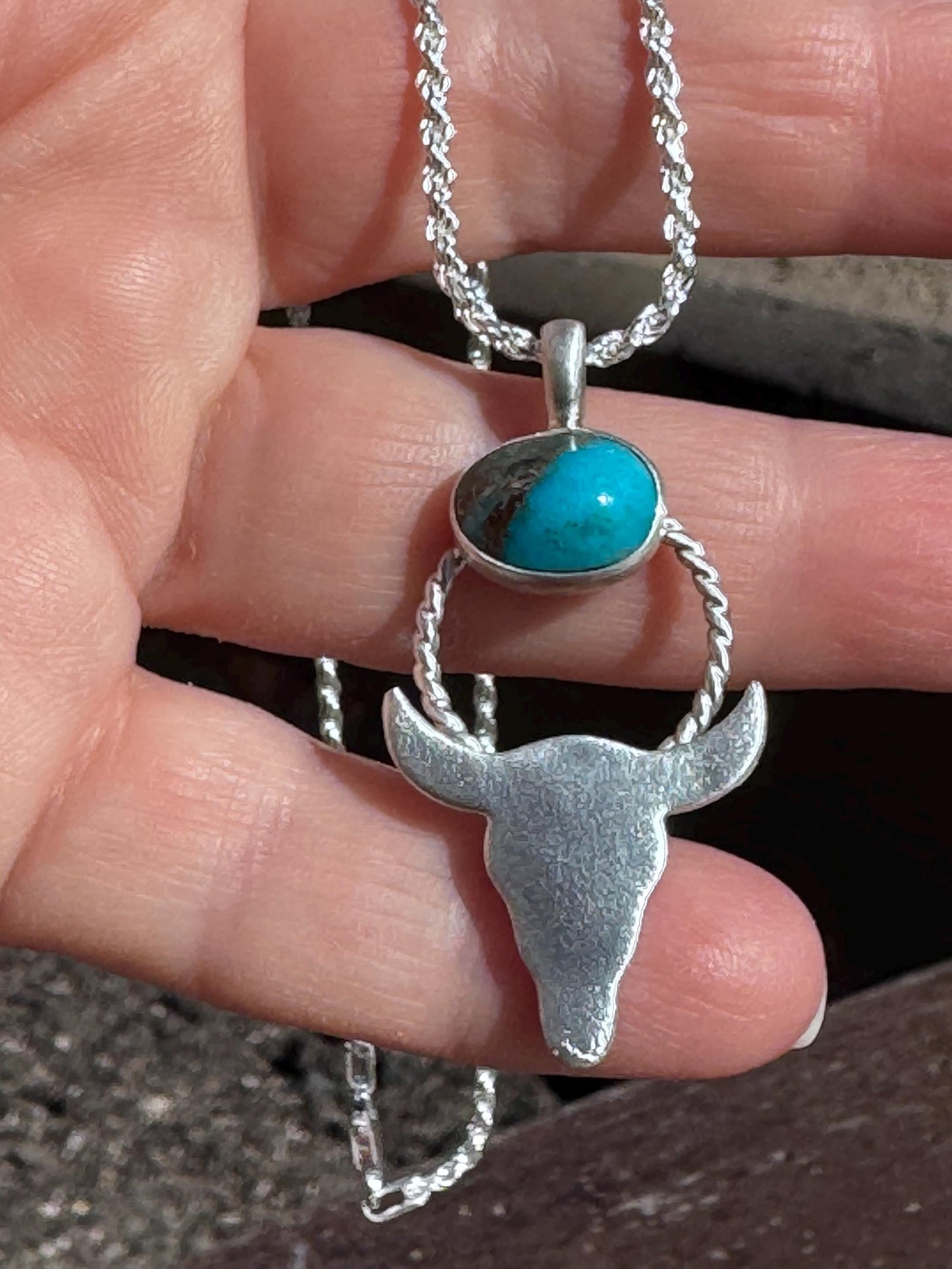 Bisbee Turquoise Steer Skull Pendant | Fine Silver Necklace with Organic Finish | Handmade Western Boho Jewelry | One-of-a-Kind