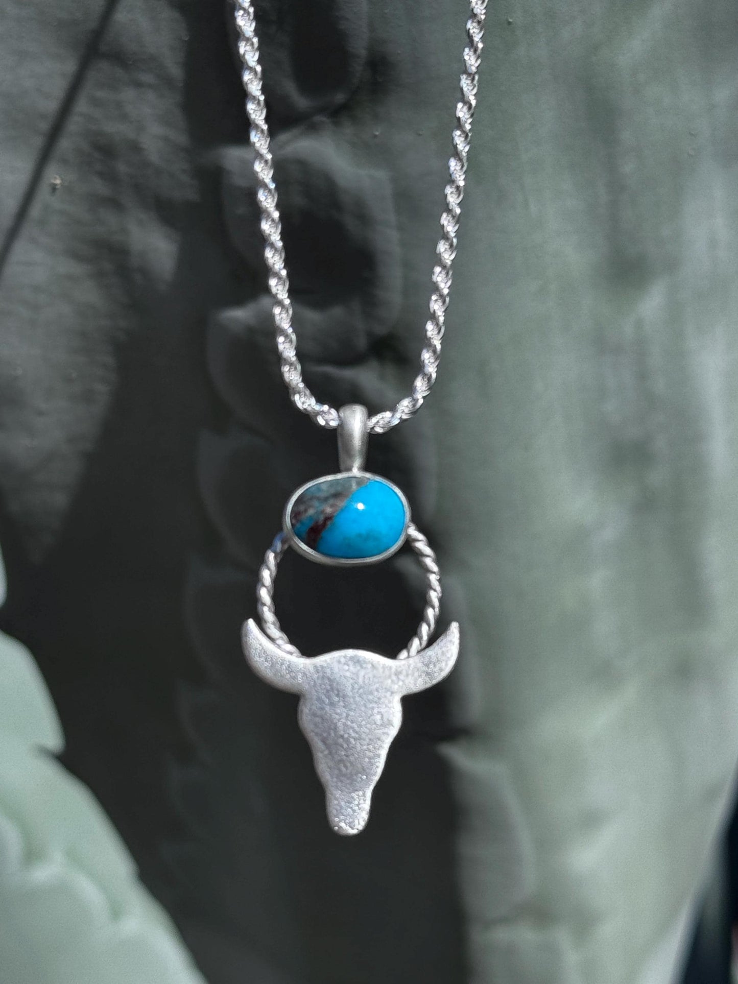 Bisbee Turquoise Steer Skull Pendant | Fine Silver Necklace with Organic Finish | Handmade Western Boho Jewelry | One-of-a-Kind