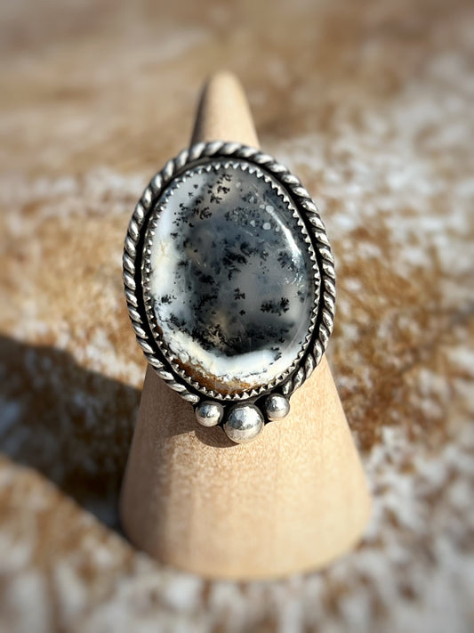 Gorgeous Dendritic Moss Agate Ring in Sterling Silver - Size 6.25 Black White Ring