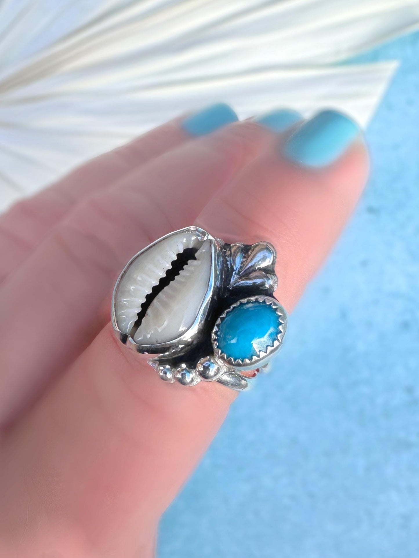 Original Rare Bisbee Turquoise & Cowrie Shell Cluster Statement Ring | Goddess Ring | Handmade Sterling Ring | Coastal Talisman | Size 7 3/4