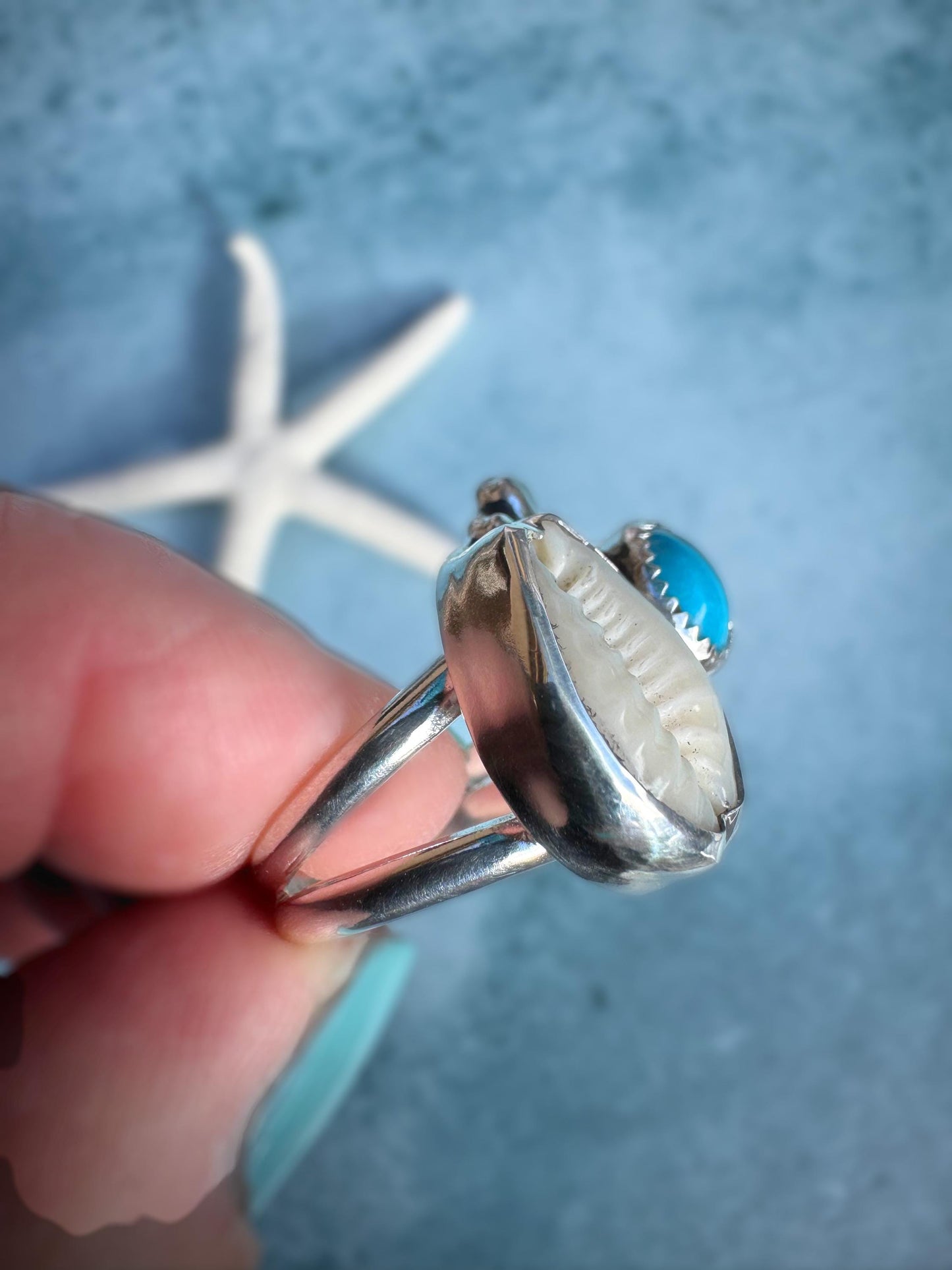 Original Rare Bisbee Turquoise & Cowrie Shell Cluster Statement Ring | Goddess Ring | Handmade Sterling Ring | Coastal Talisman | Size 7 3/4