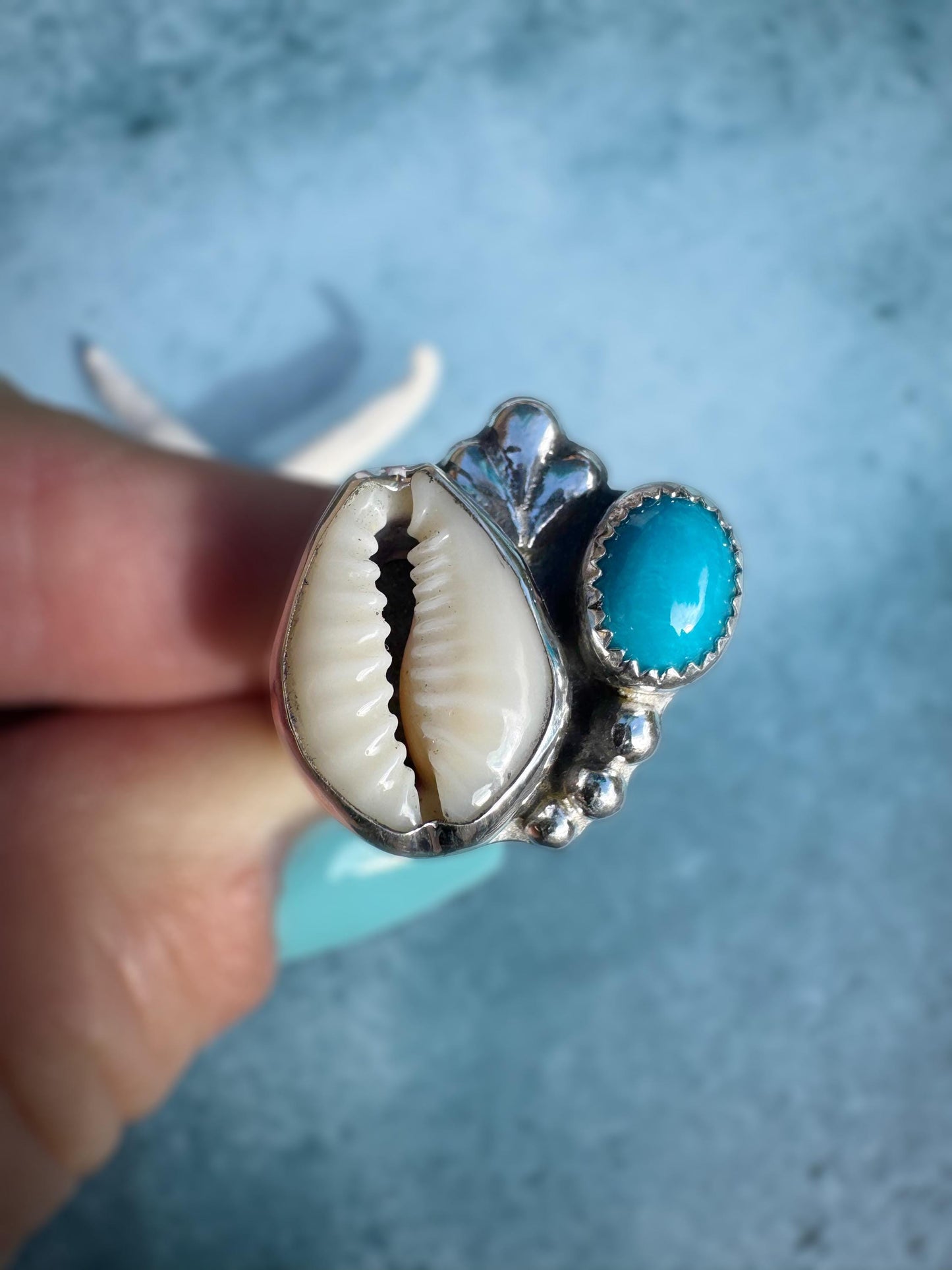 Original Rare Bisbee Turquoise & Cowrie Shell Cluster Statement Ring | Goddess Ring | Handmade Sterling Ring | Coastal Talisman | Size 7 3/4