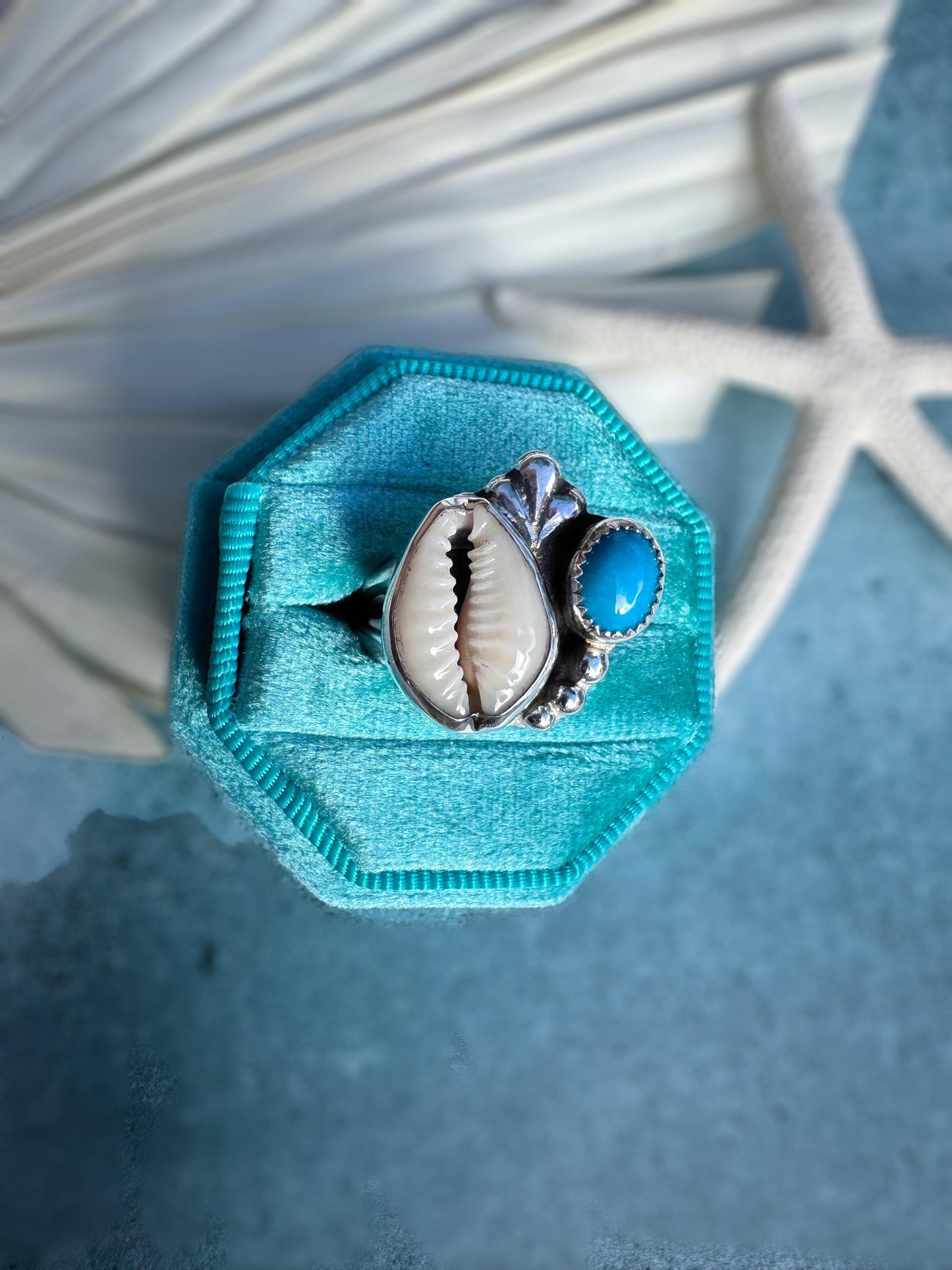 Original Rare Bisbee Turquoise & Cowrie Shell Cluster Statement Ring | Goddess Ring | Handmade Sterling Ring | Coastal Talisman | Size 7 3/4