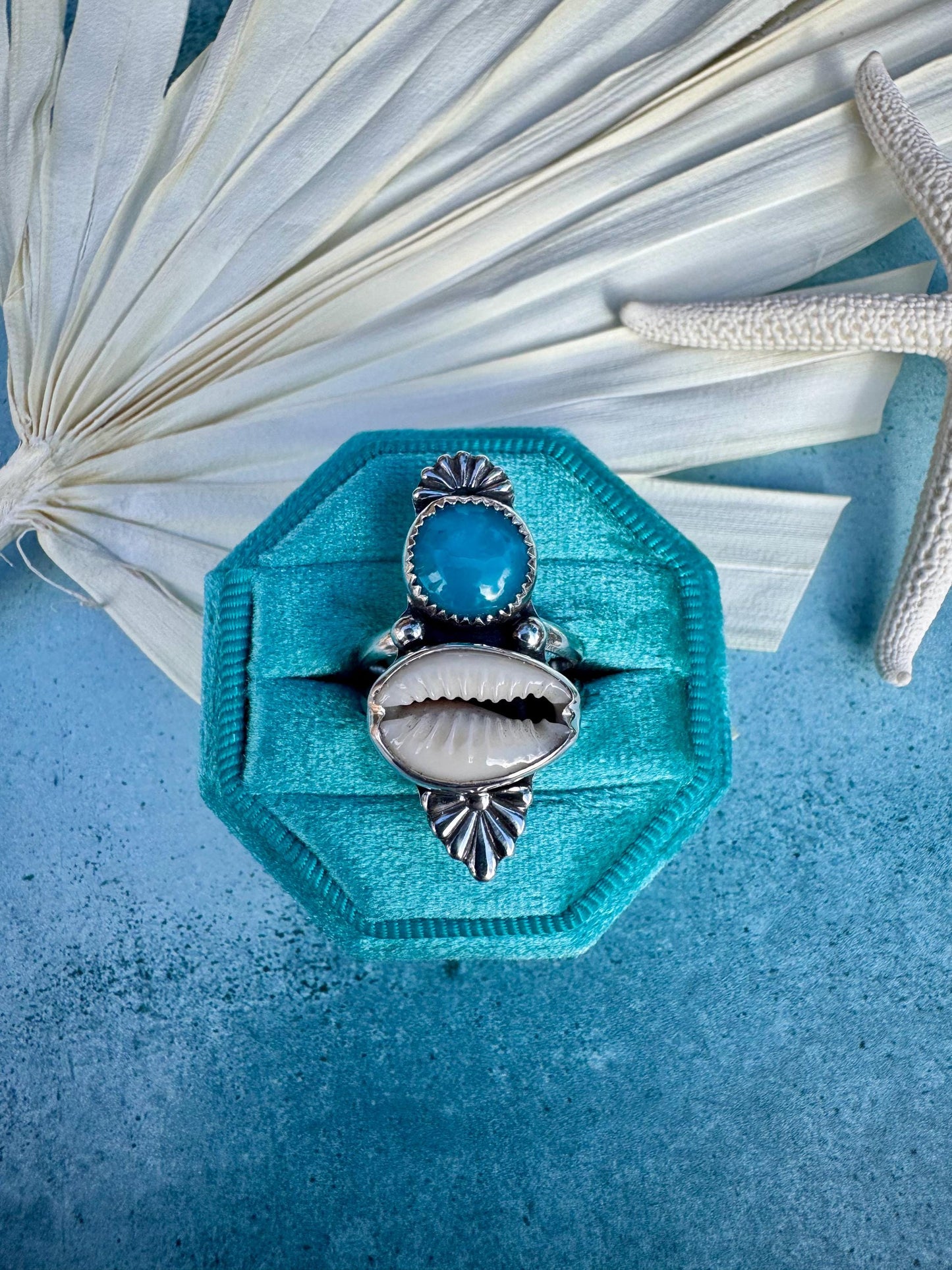 Original Rare Bisbee Turquoise & Cowrie Shell Statement Ring | Goddess Ring | Handmade Sterling Ring | Coastal Talisman | Size 6.5